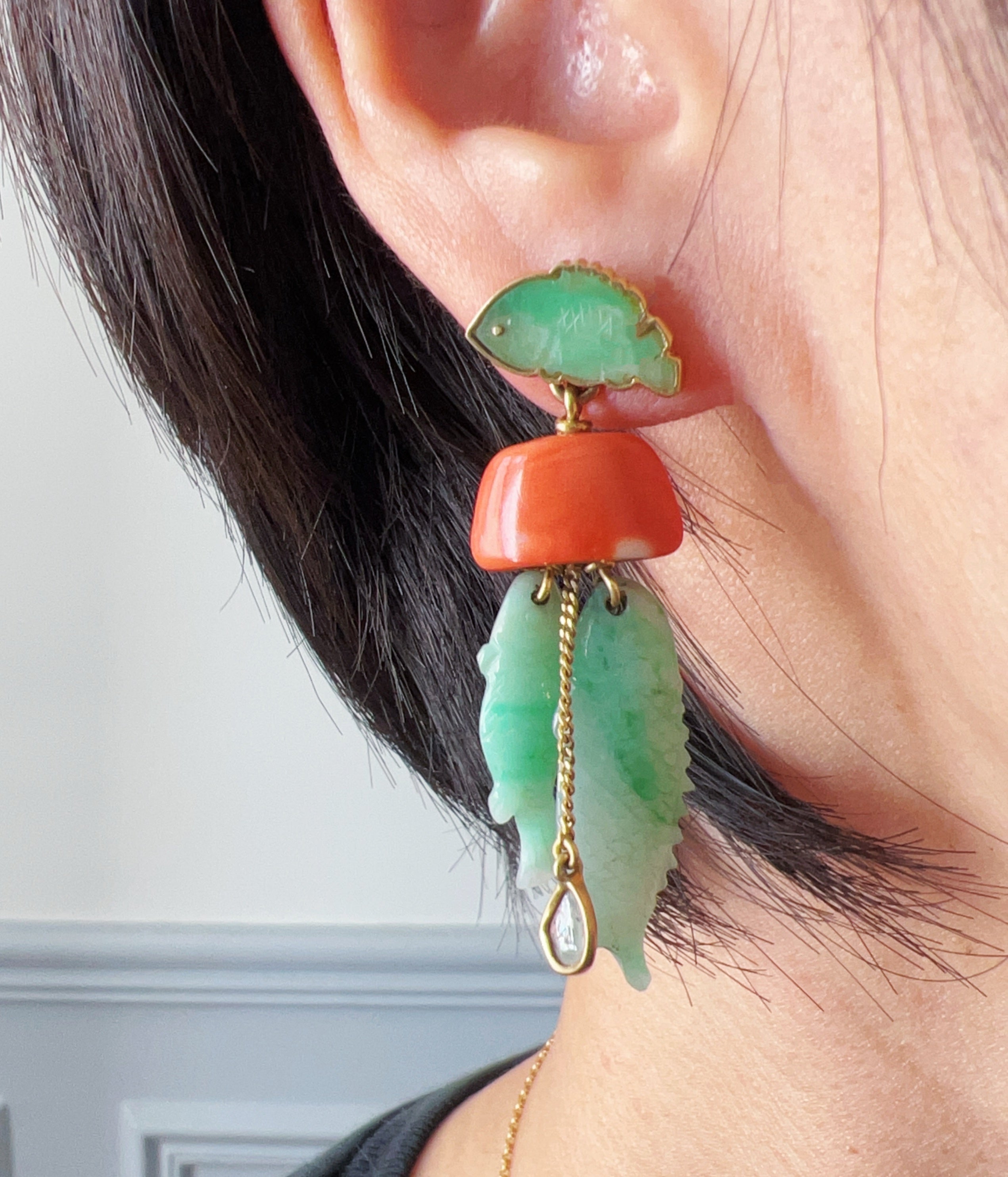 Maria Grazia Baldan 18K Gold Jade, Coral & Diamond fish Earrings