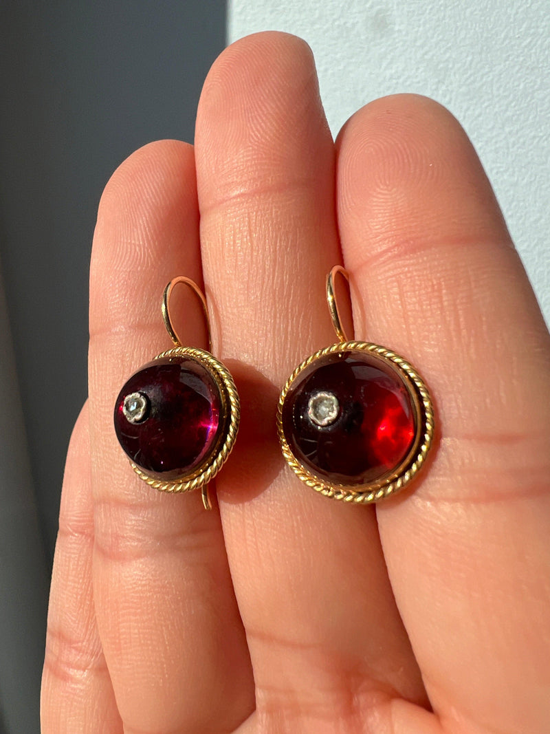 Victorian era 18K gold garnet cabochon diamond earrings