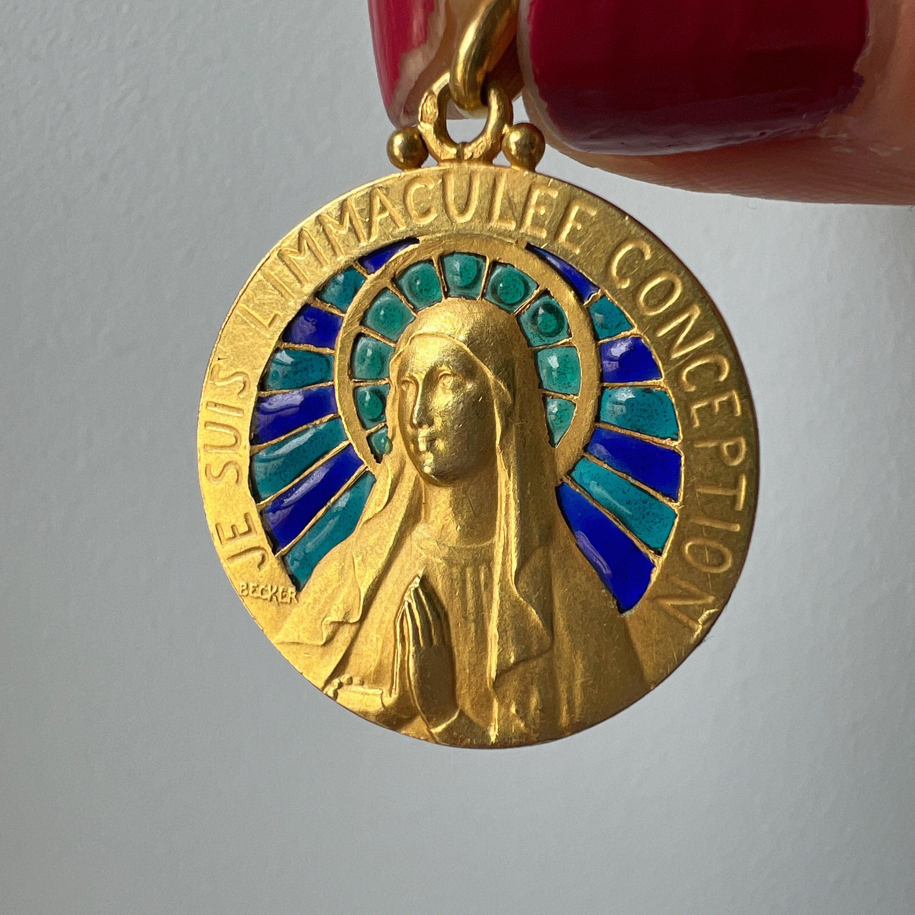 Exceptional "BECKER" 18K gold plique à jour enamel Virgin Mary pendant - Curiously timeless