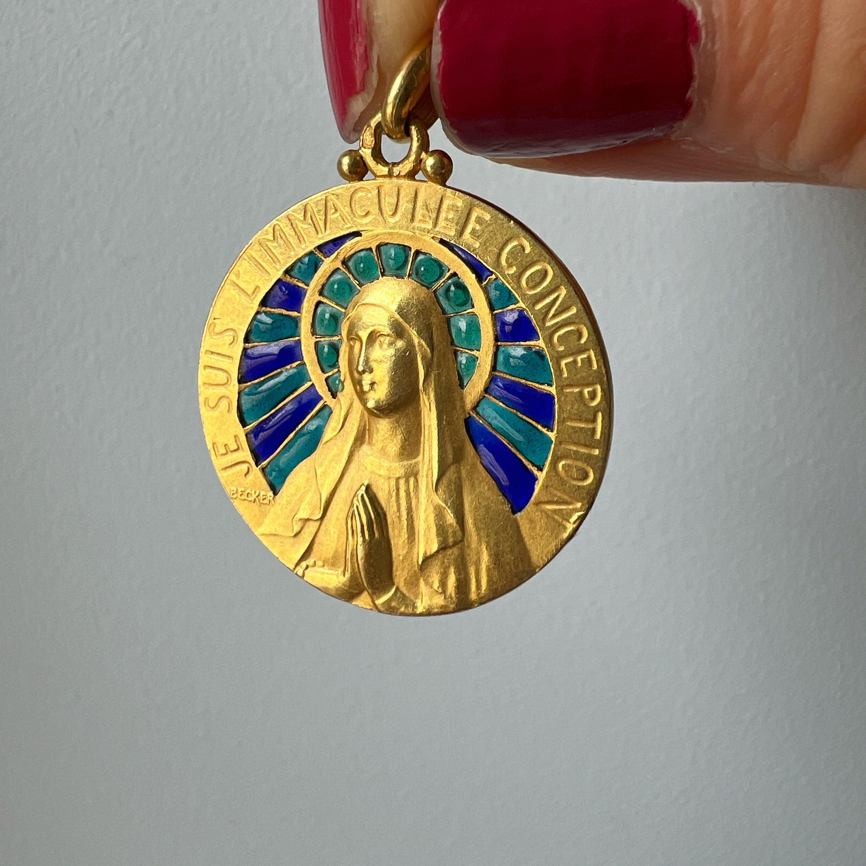 Exceptional "BECKER" 18K gold plique à jour enamel Virgin Mary pendant - Curiously timeless