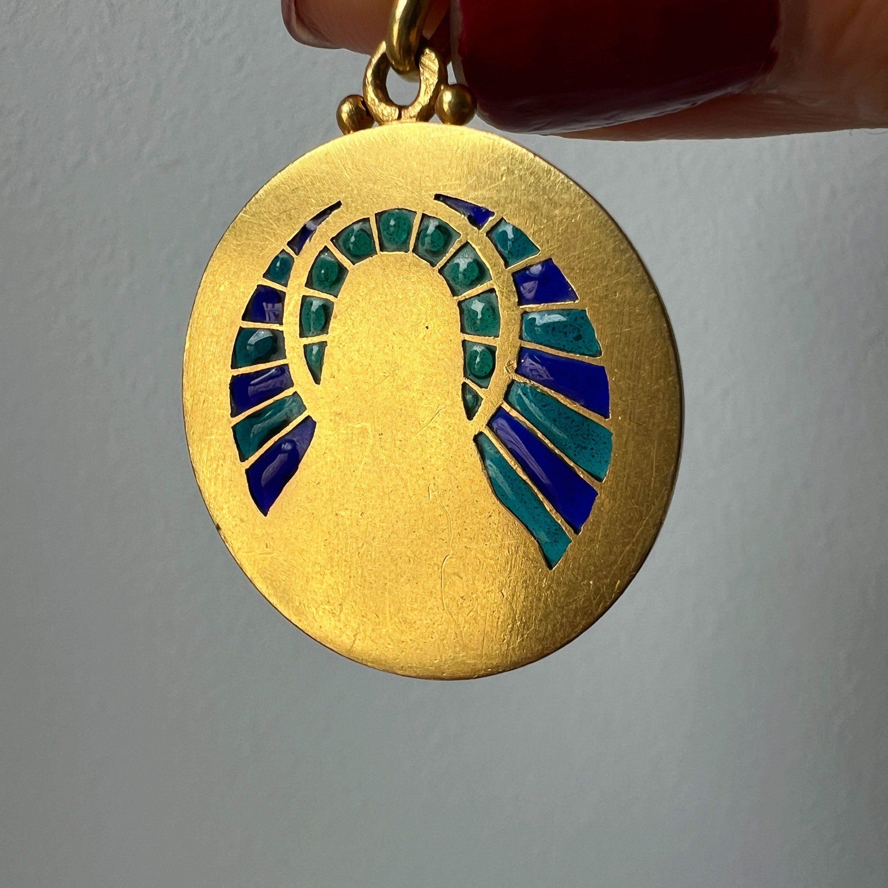 Exceptional "BECKER" 18K gold plique à jour enamel Virgin Mary pendant - Curiously timeless