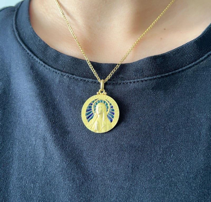 Exceptional "BECKER" 18K gold plique à jour enamel Virgin Mary pendant