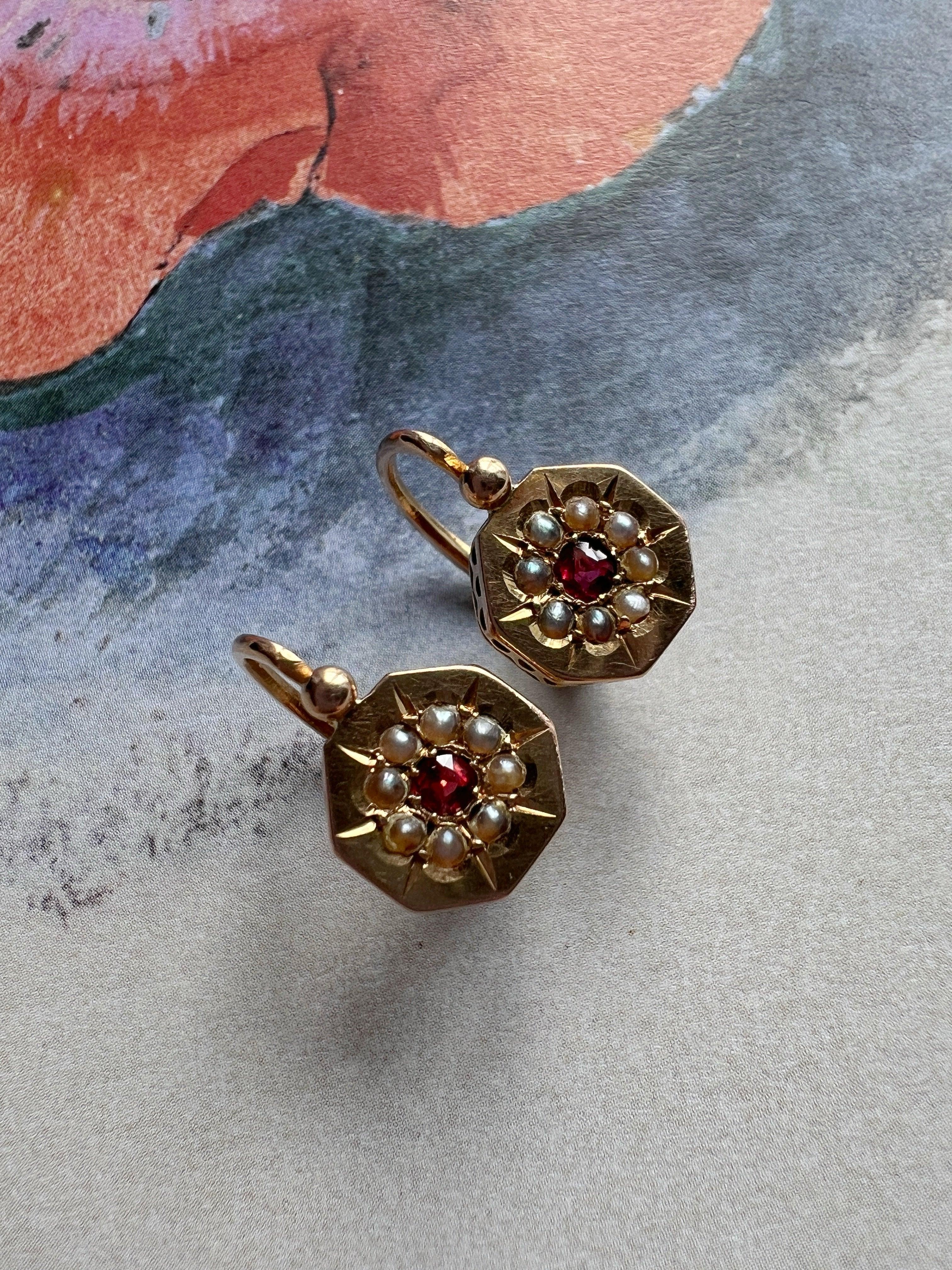 French antique 18K gold ruby pearl earrings - Curiously timeless