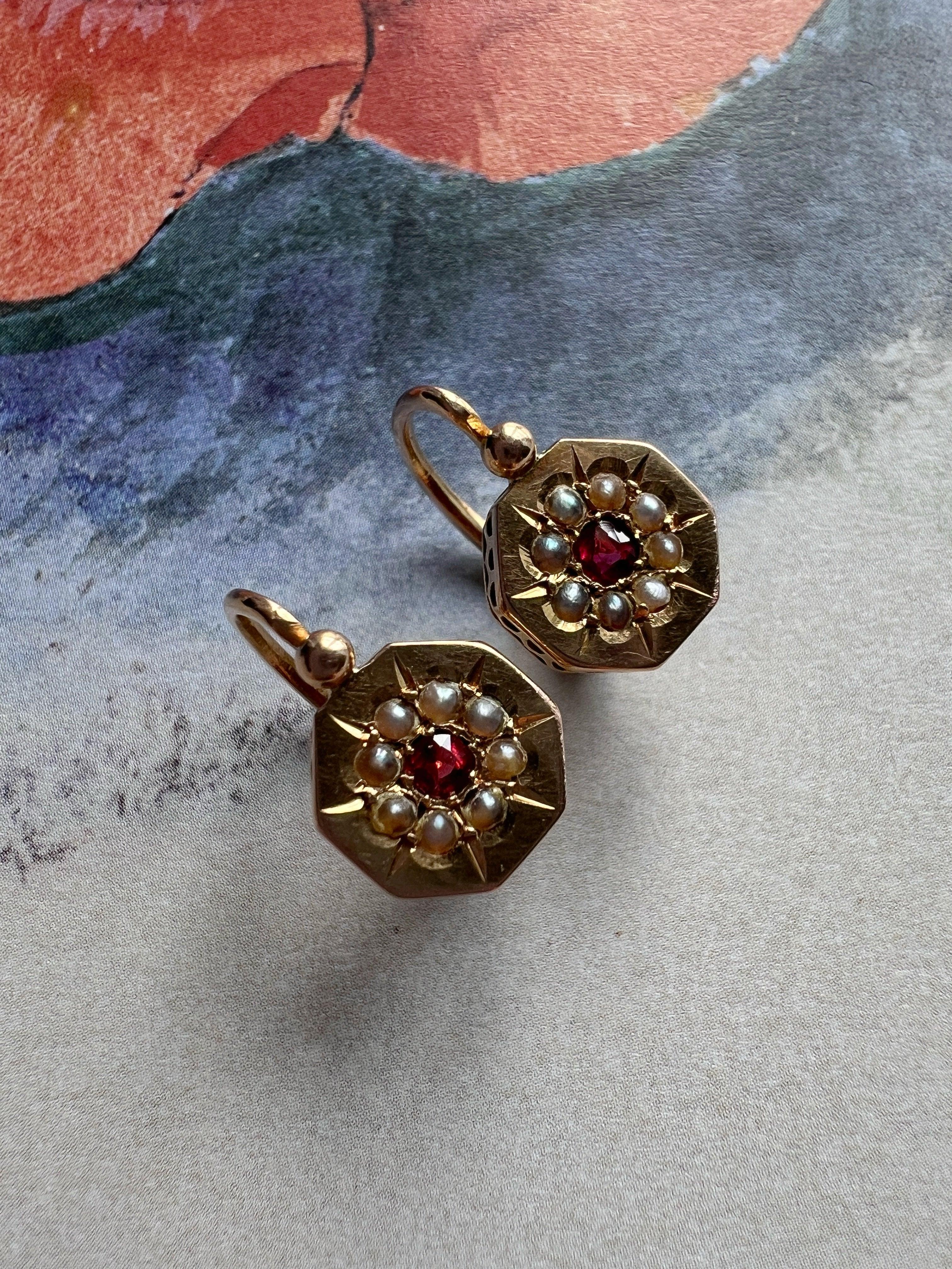 French antique 18K gold ruby pearl earrings - Curiously timeless