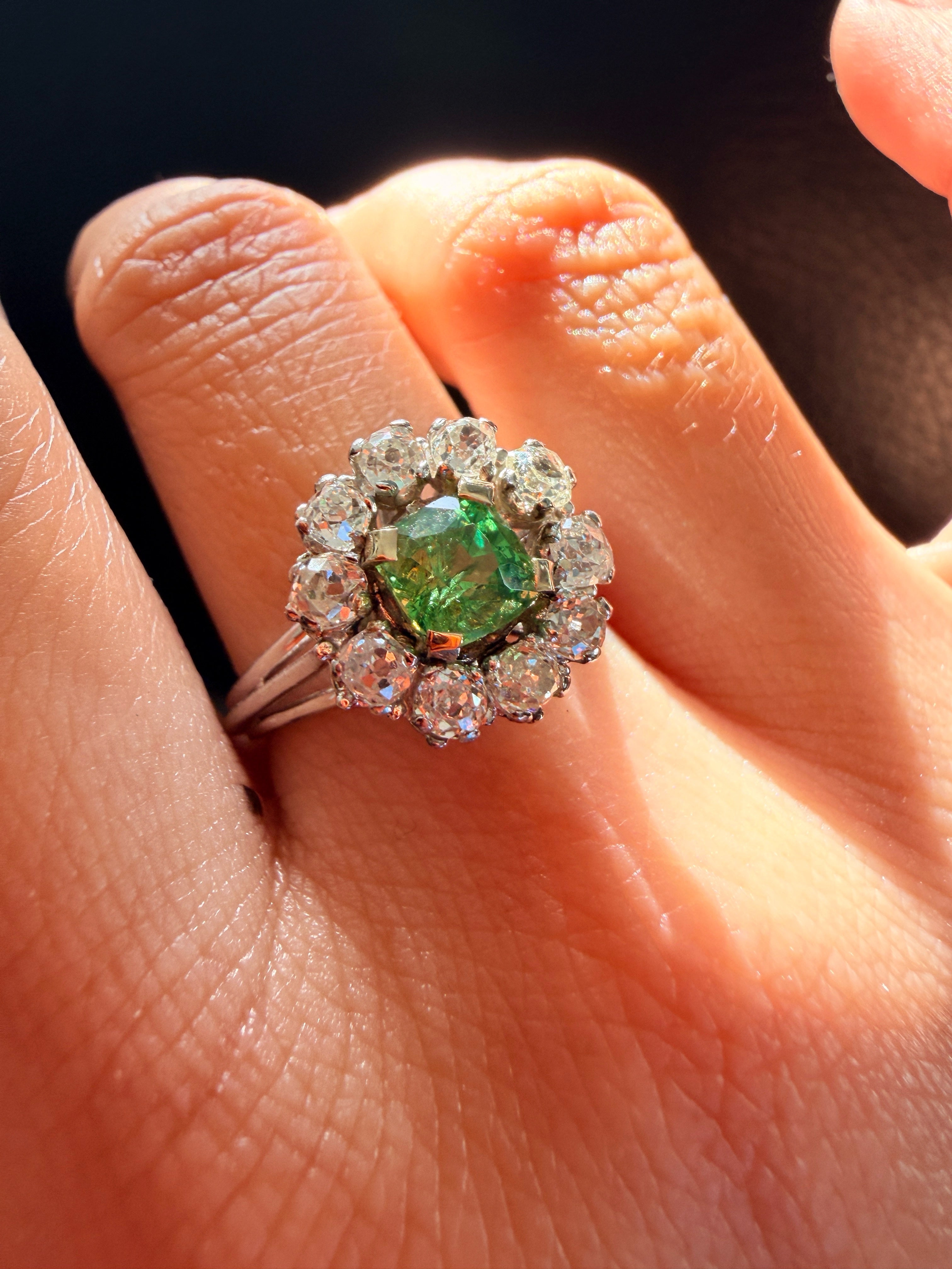 18K white gold green tsavorite garnet diamond cluster ring