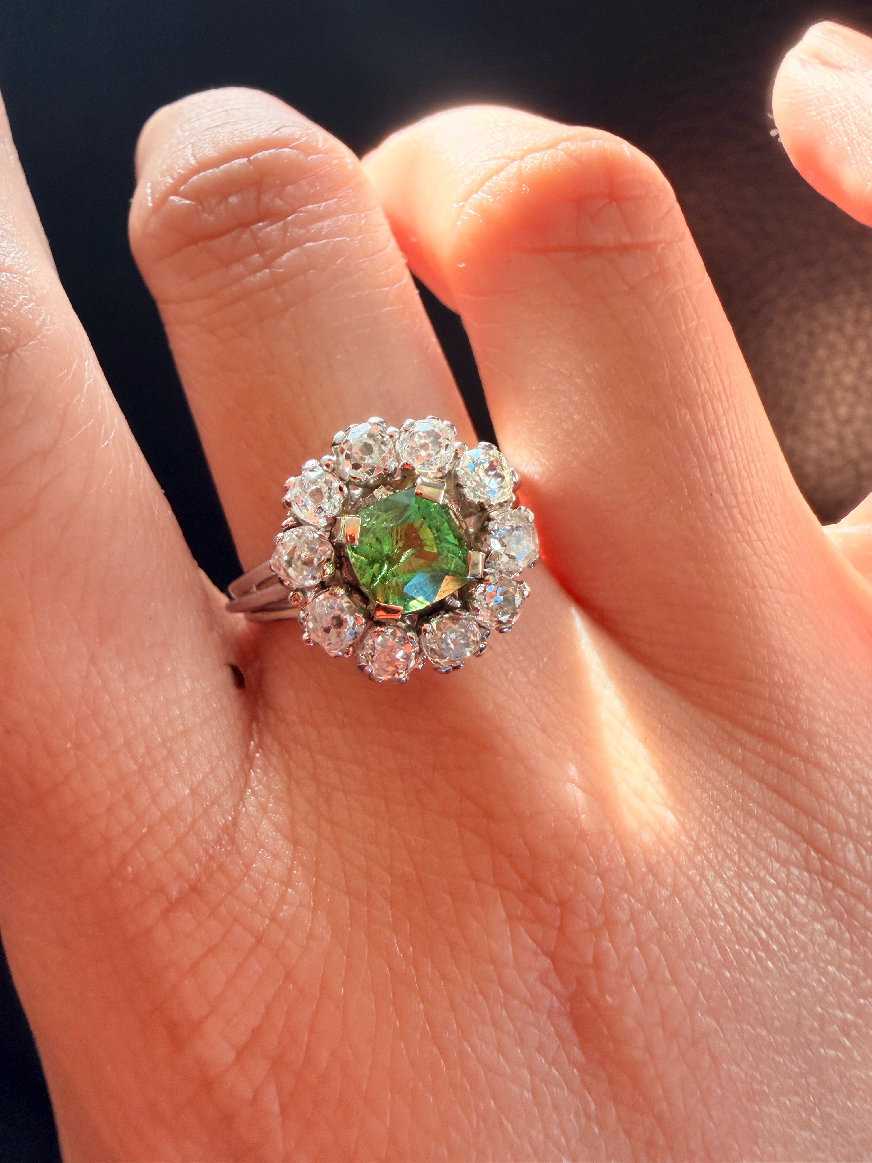 18K white gold green tsavorite garnet diamond cluster ring