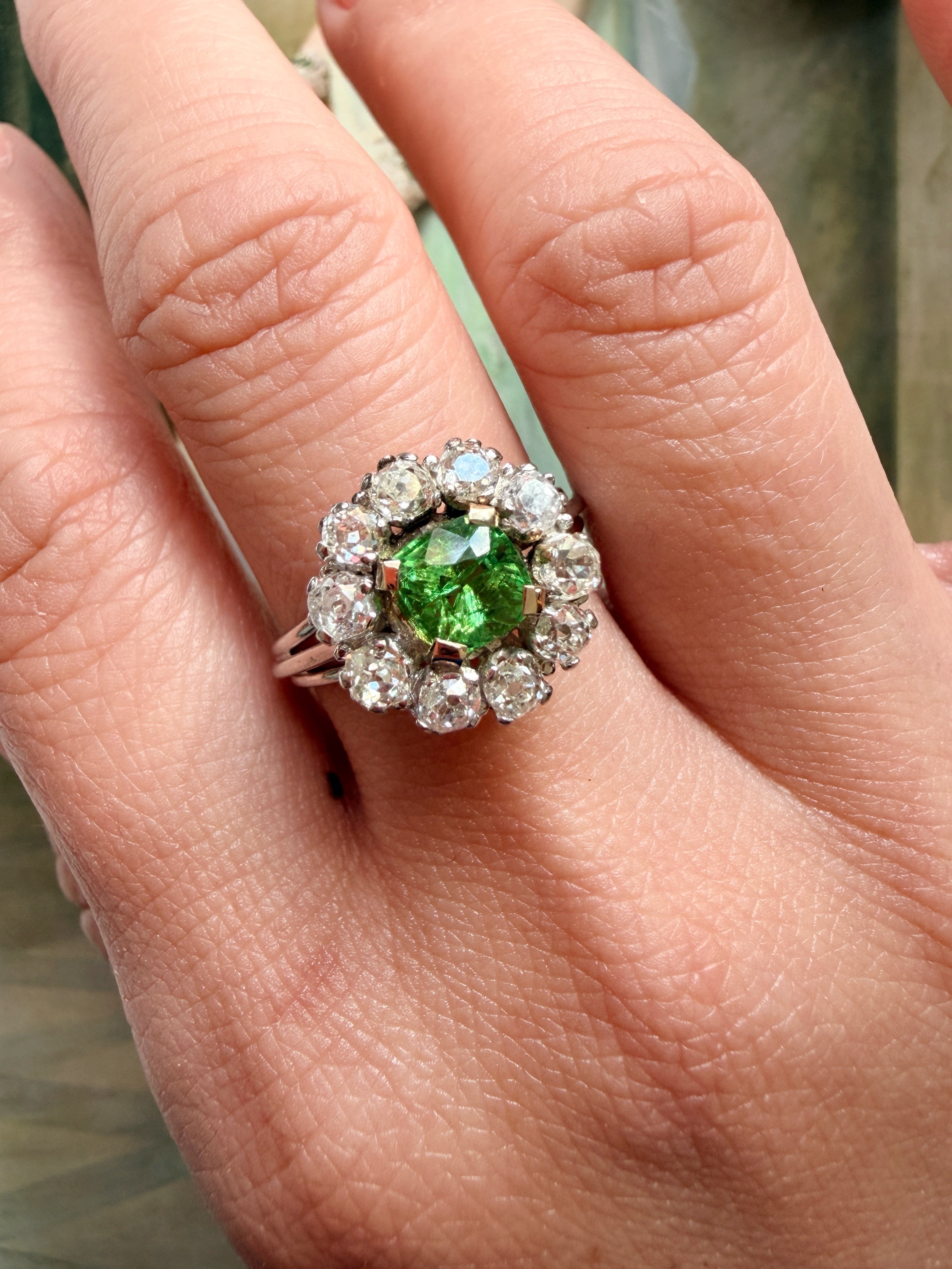 18K white gold green tsavorite garnet diamond cluster ring