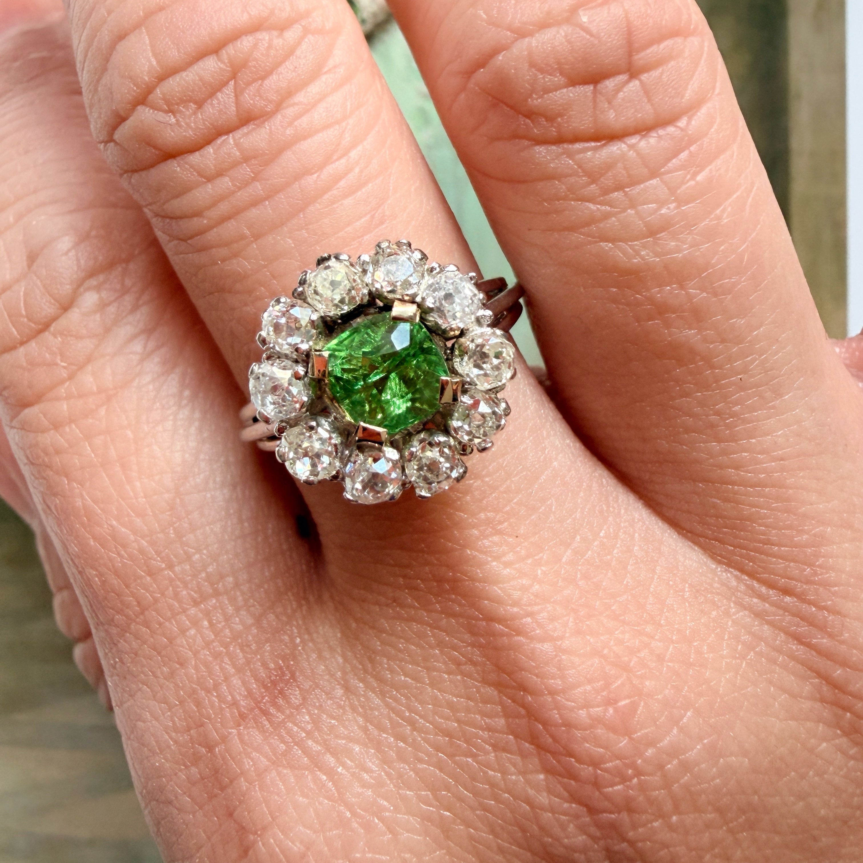 18K white gold green tsavorite garnet diamond cluster ring