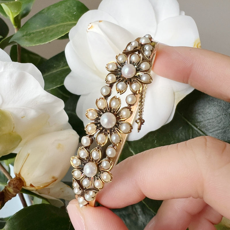 Victorian era 14k gold pearl flower bangle bracelet