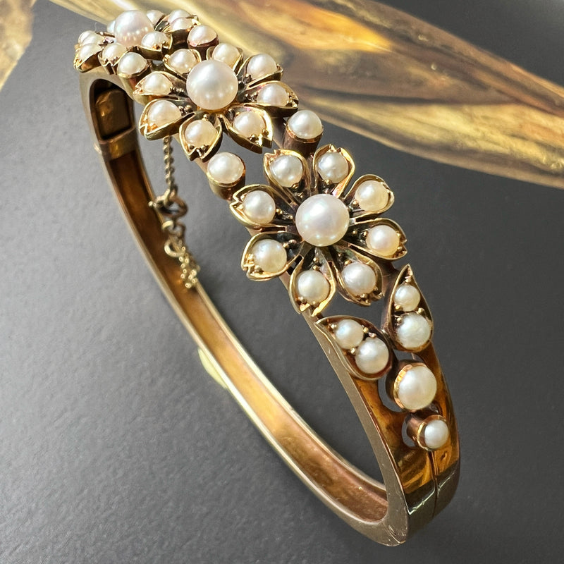 Victorian era 14k gold pearl flower bangle bracelet