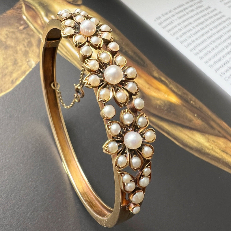 Victorian era 14k gold pearl flower bangle bracelet