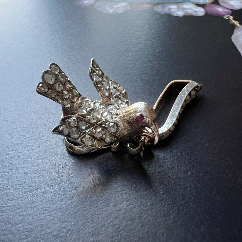 Victorian era 18K gold trembling diamond bird pendant