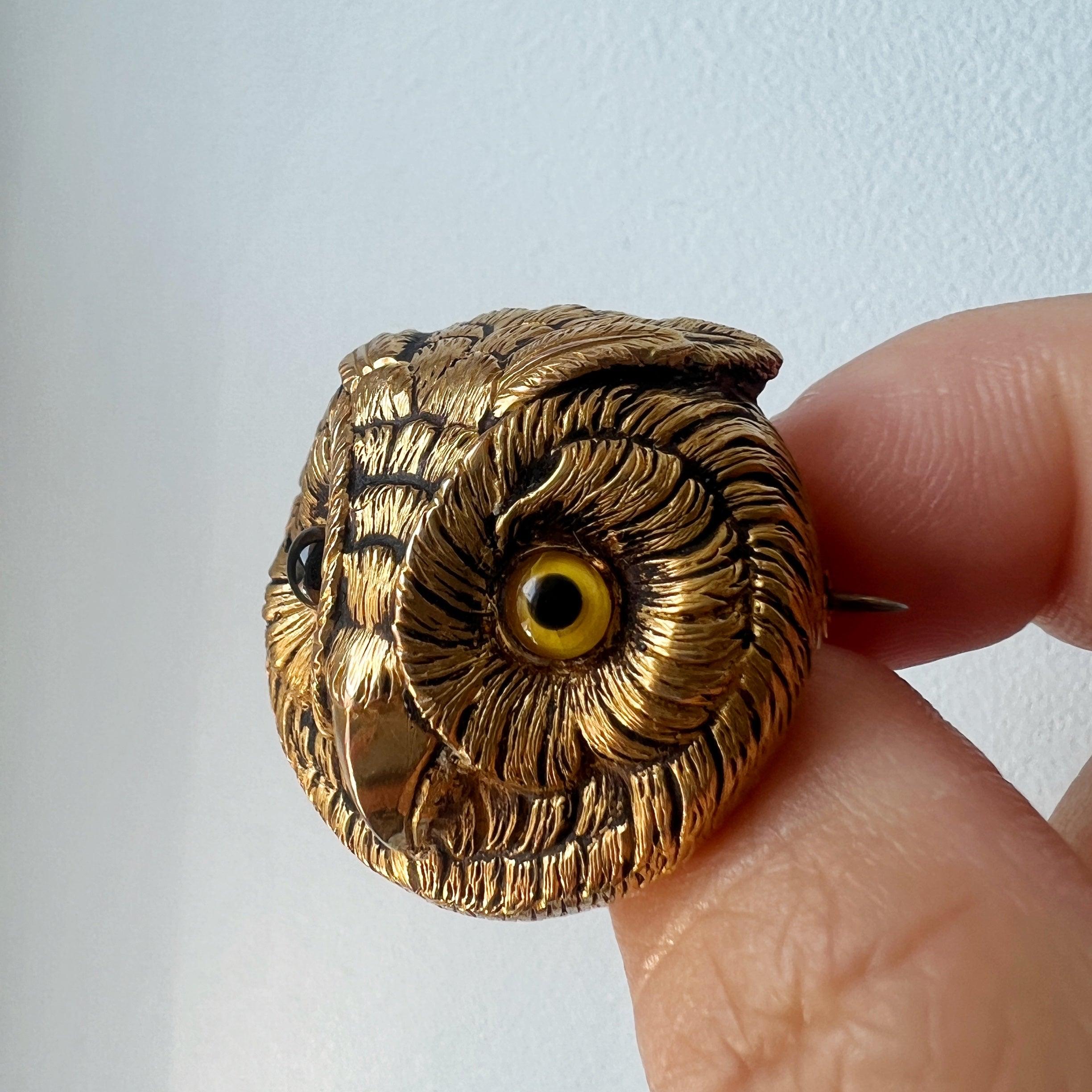 Exceptional Victorian era 18K gold owl brooch - Curiously timeless