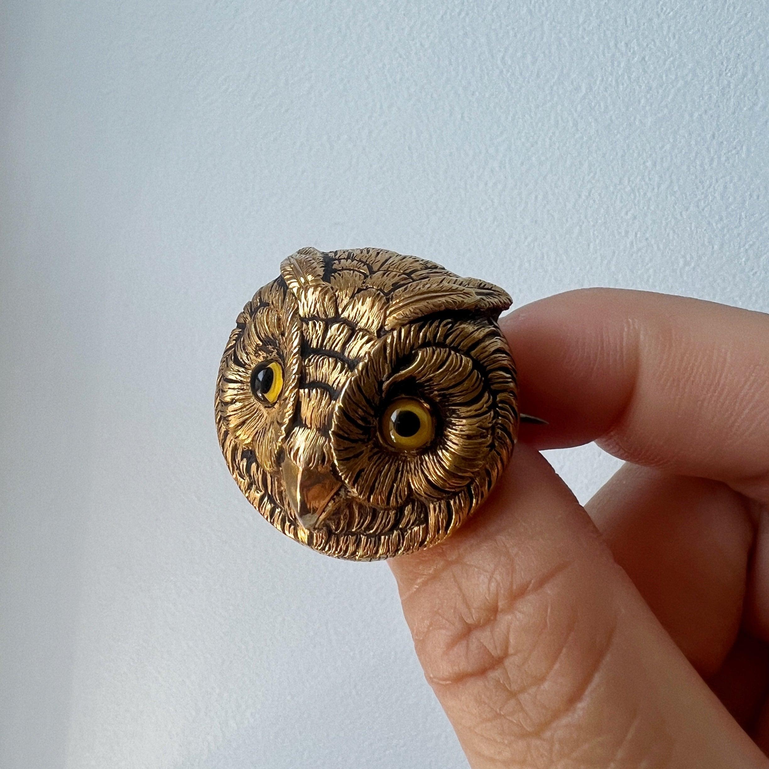 Exceptional Victorian era 18K gold owl brooch - Curiously timeless