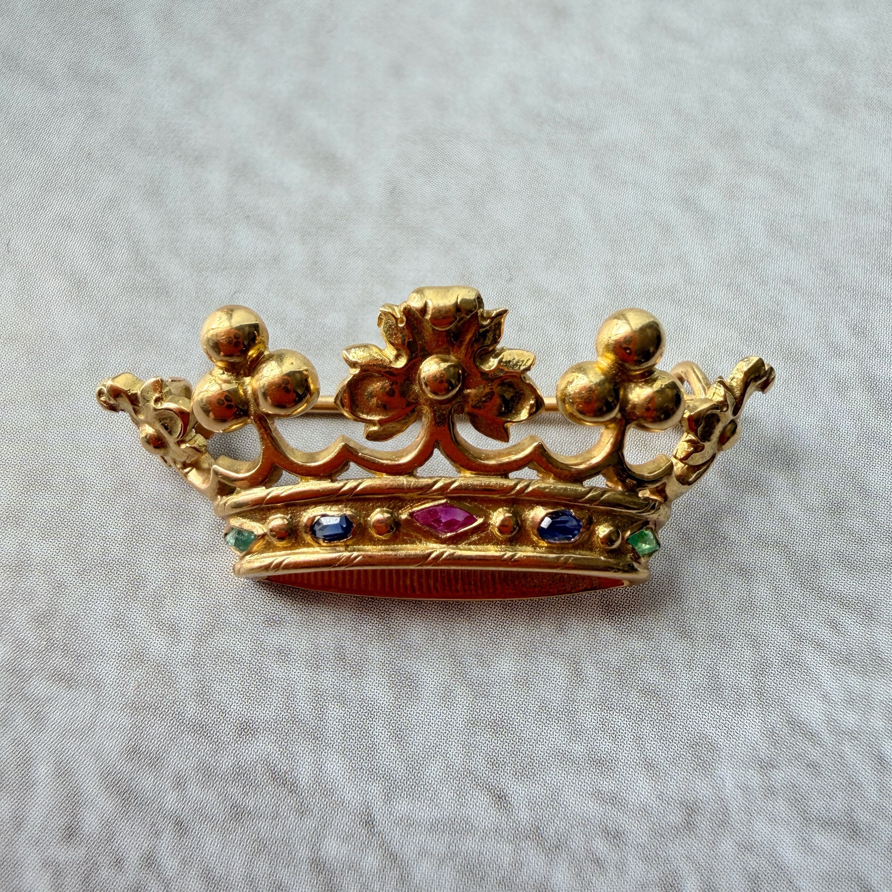 French work Victorian era 18K gold marquise crown brooch