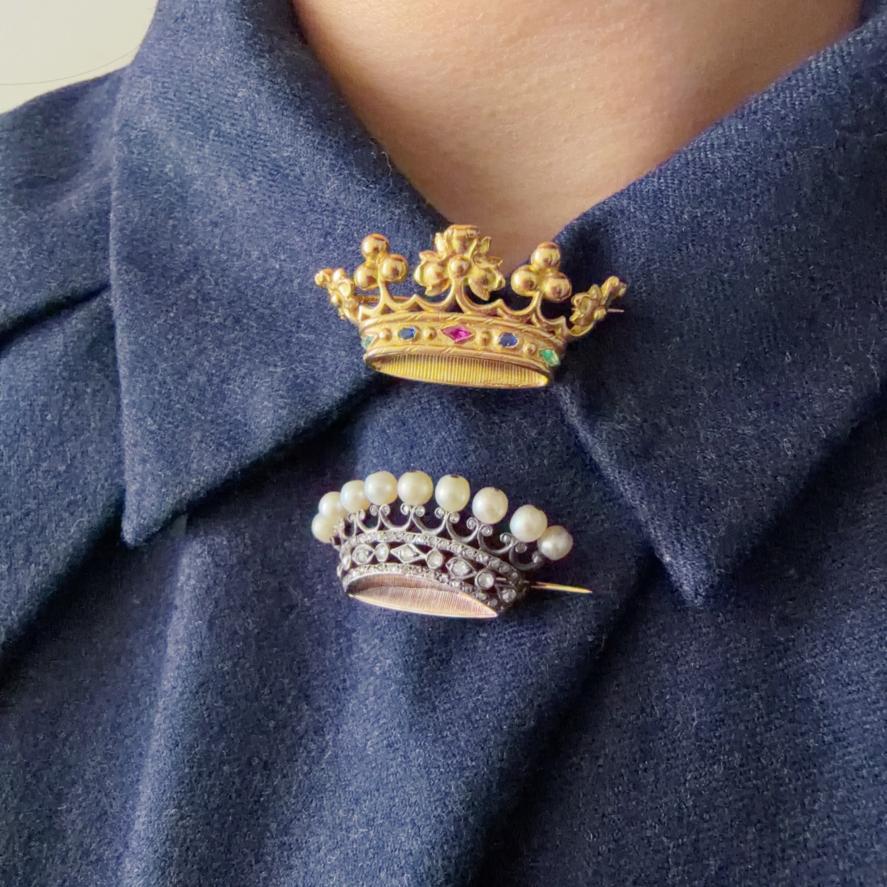 French work Victorian era 18K gold marquise crown brooch