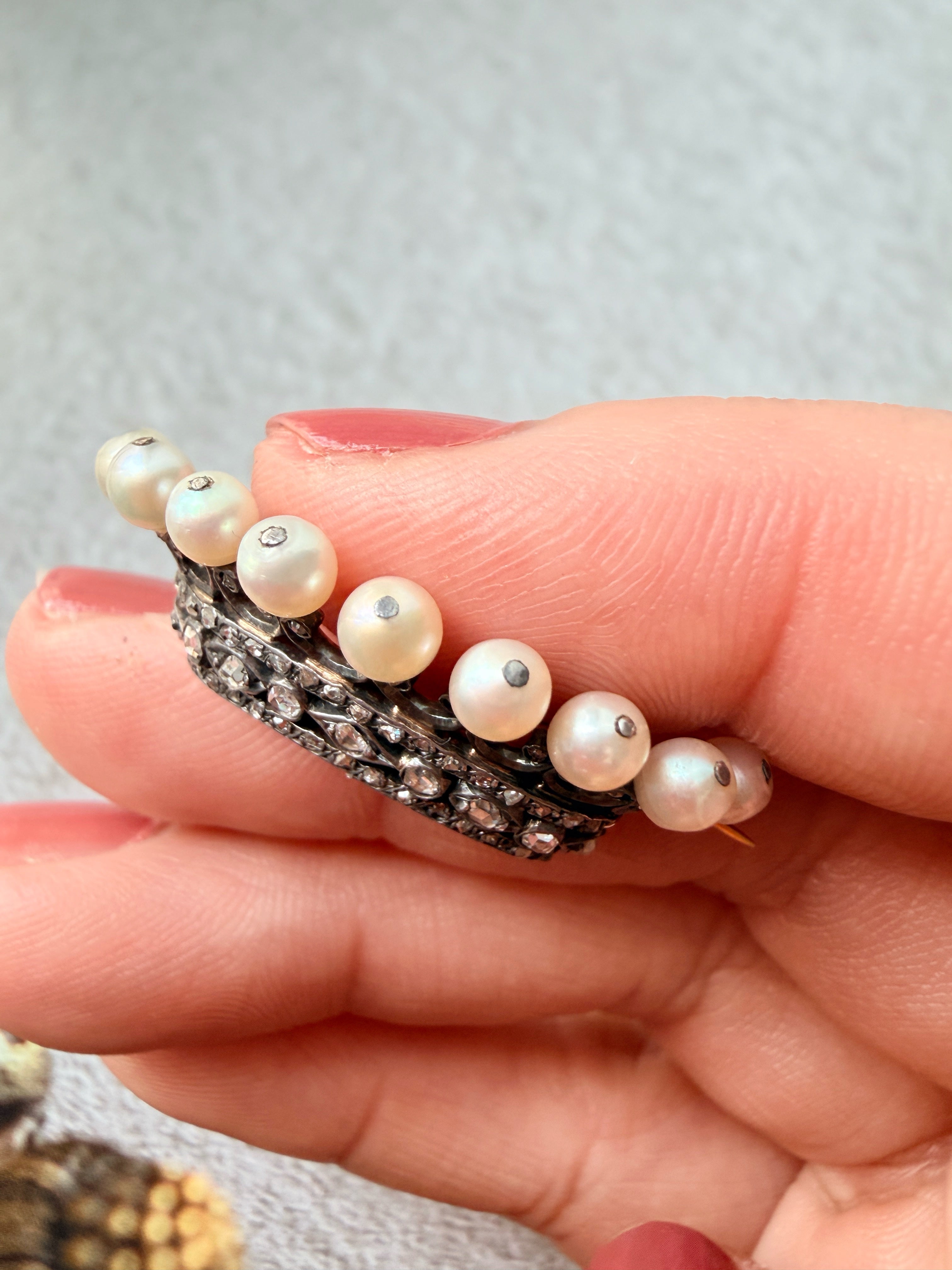 French antique 18K gold natural pearl count’s crown brooch