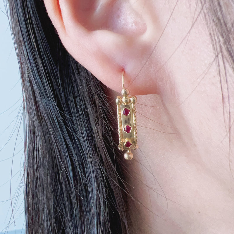 Victorian French 18K gold garnet poissarde briquet earrings