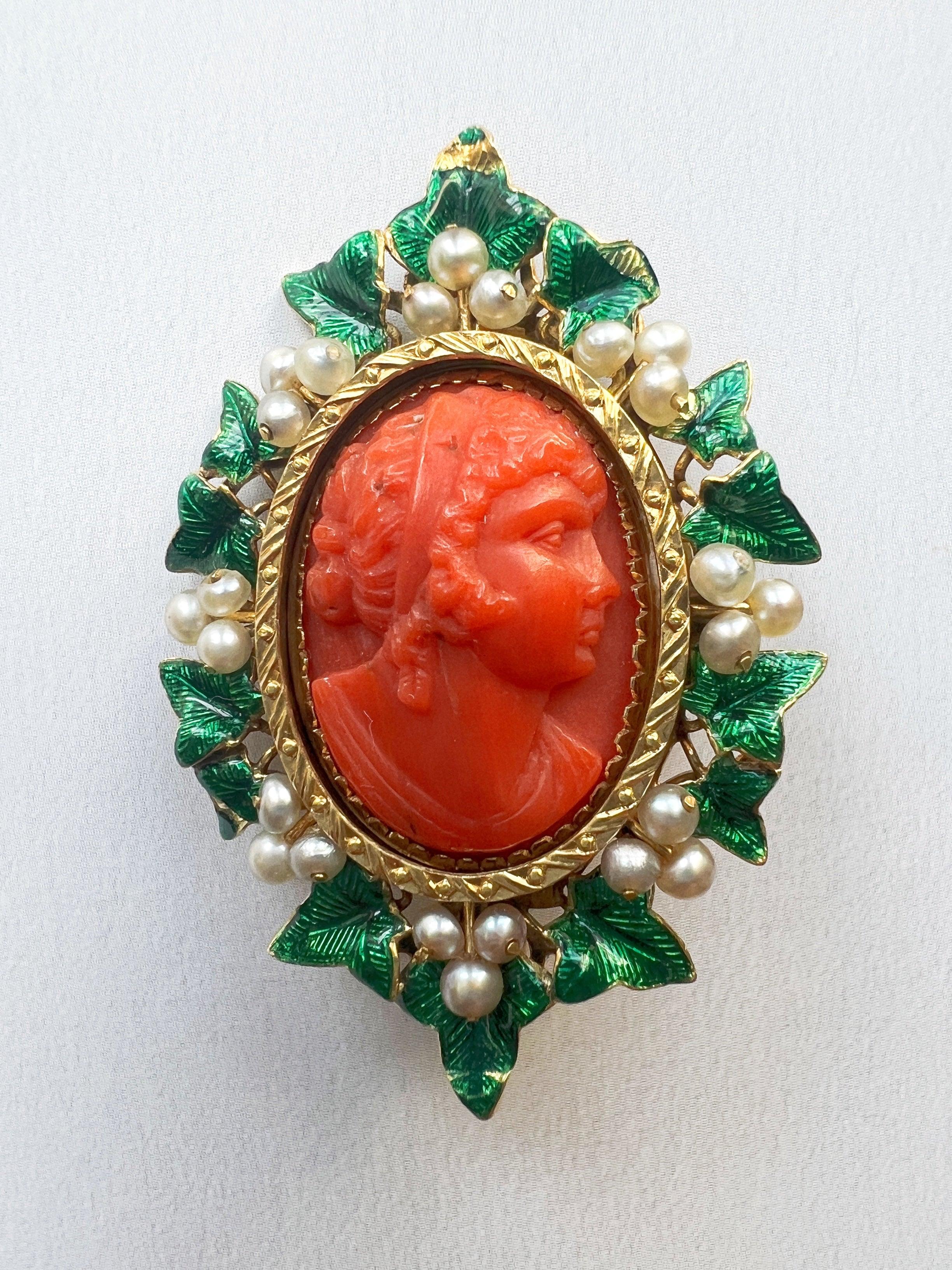 Victorian 18K gold coral pearl cameo brooch - Curiously timeless