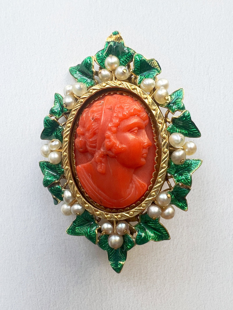 Victorian 18K gold coral pearl cameo brooch