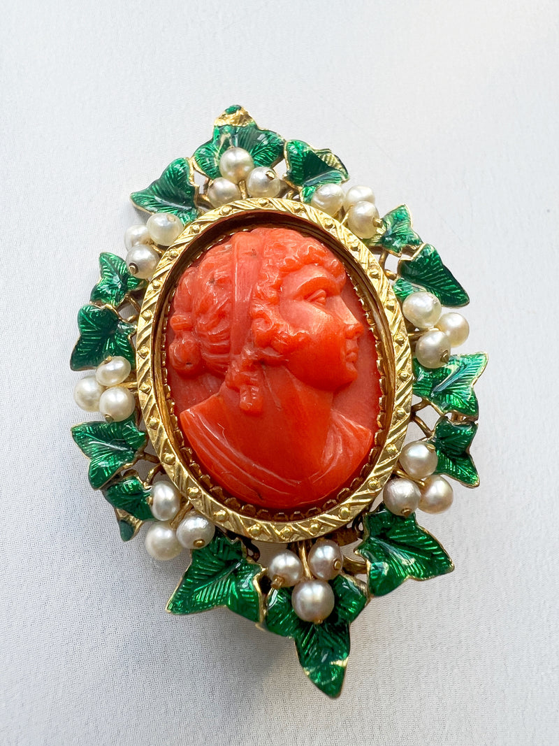 Victorian 18K gold coral pearl cameo brooch