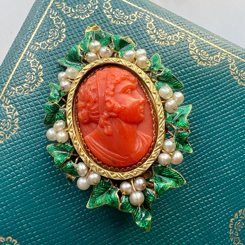 Victorian 18K gold coral pearl cameo brooch