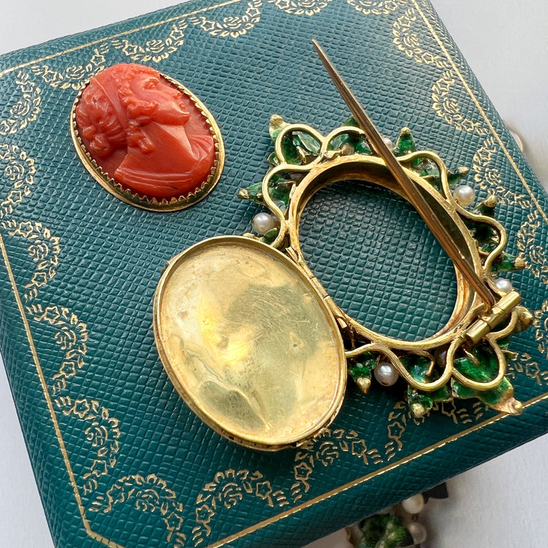 Victorian 18K gold coral pearl cameo brooch