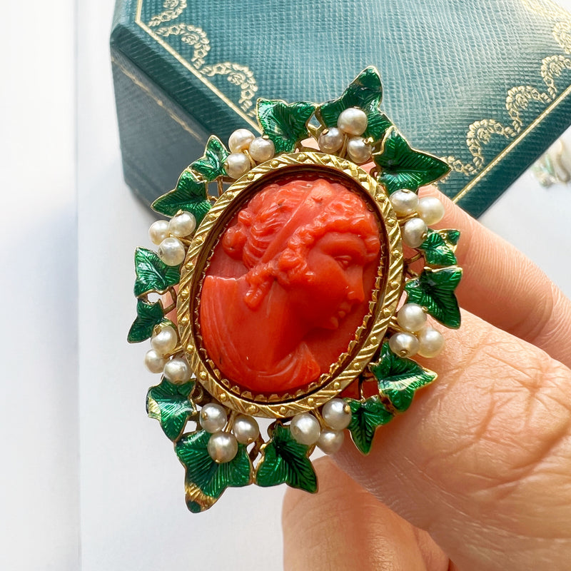 Victorian 18K gold coral pearl cameo brooch