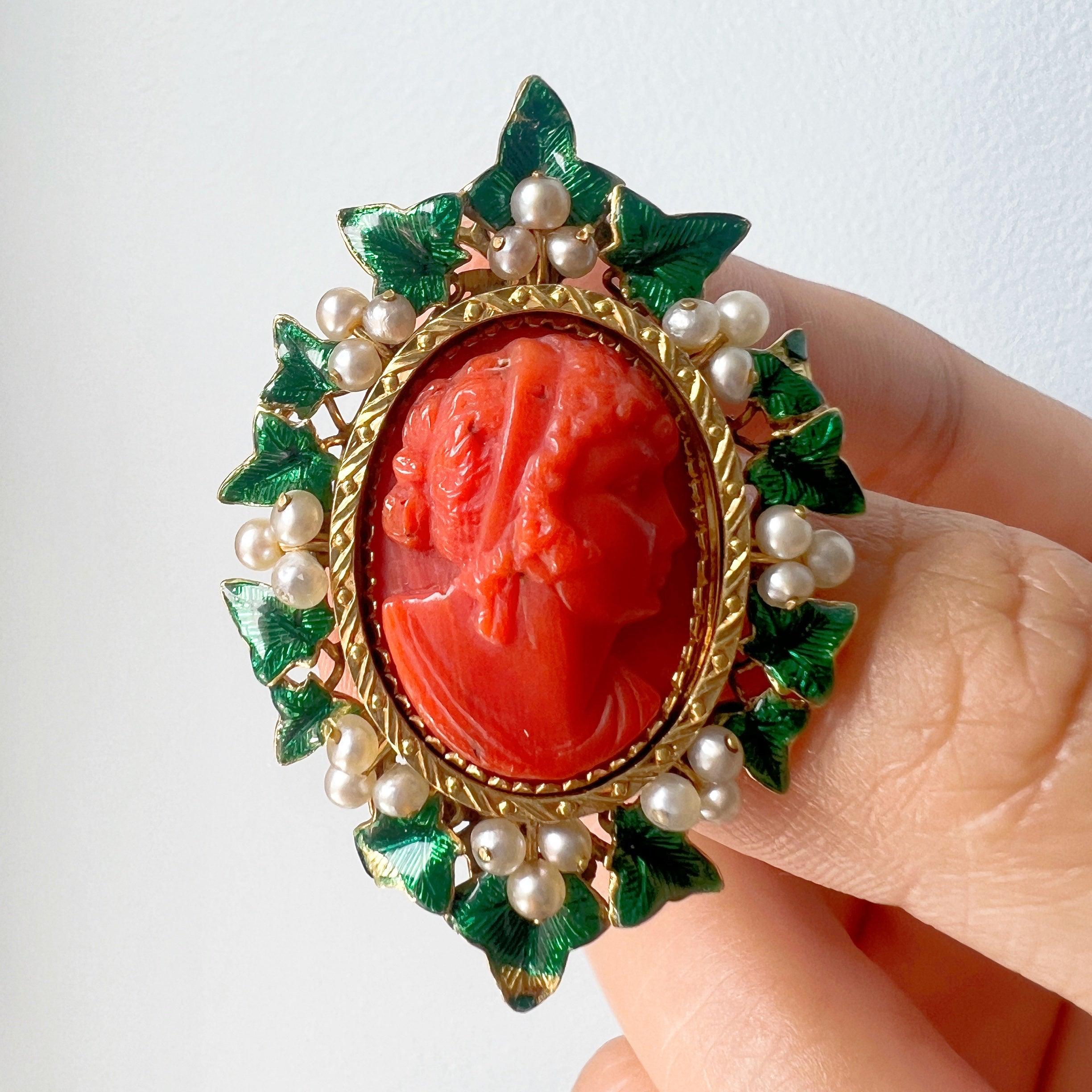 Victorian 18K gold coral pearl cameo brooch - Curiously timeless