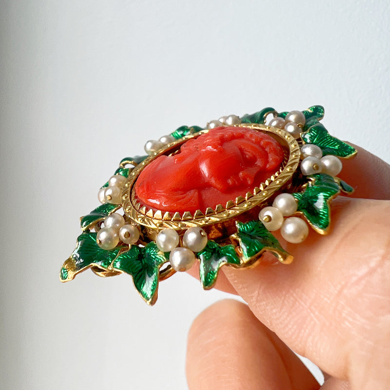 Victorian 18K gold coral pearl cameo brooch