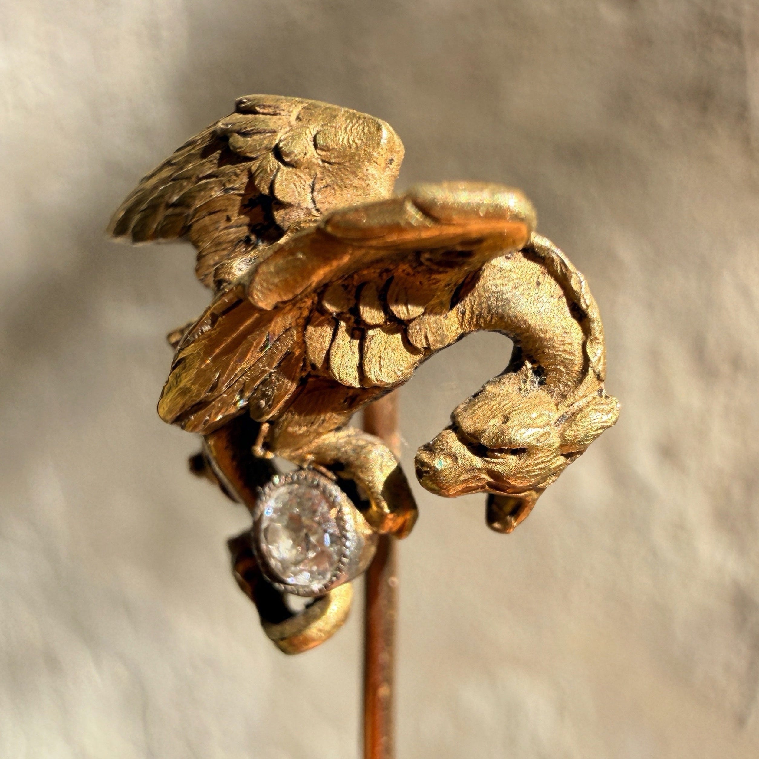 French antique art nouveau 18K Chimera pin with a diamond