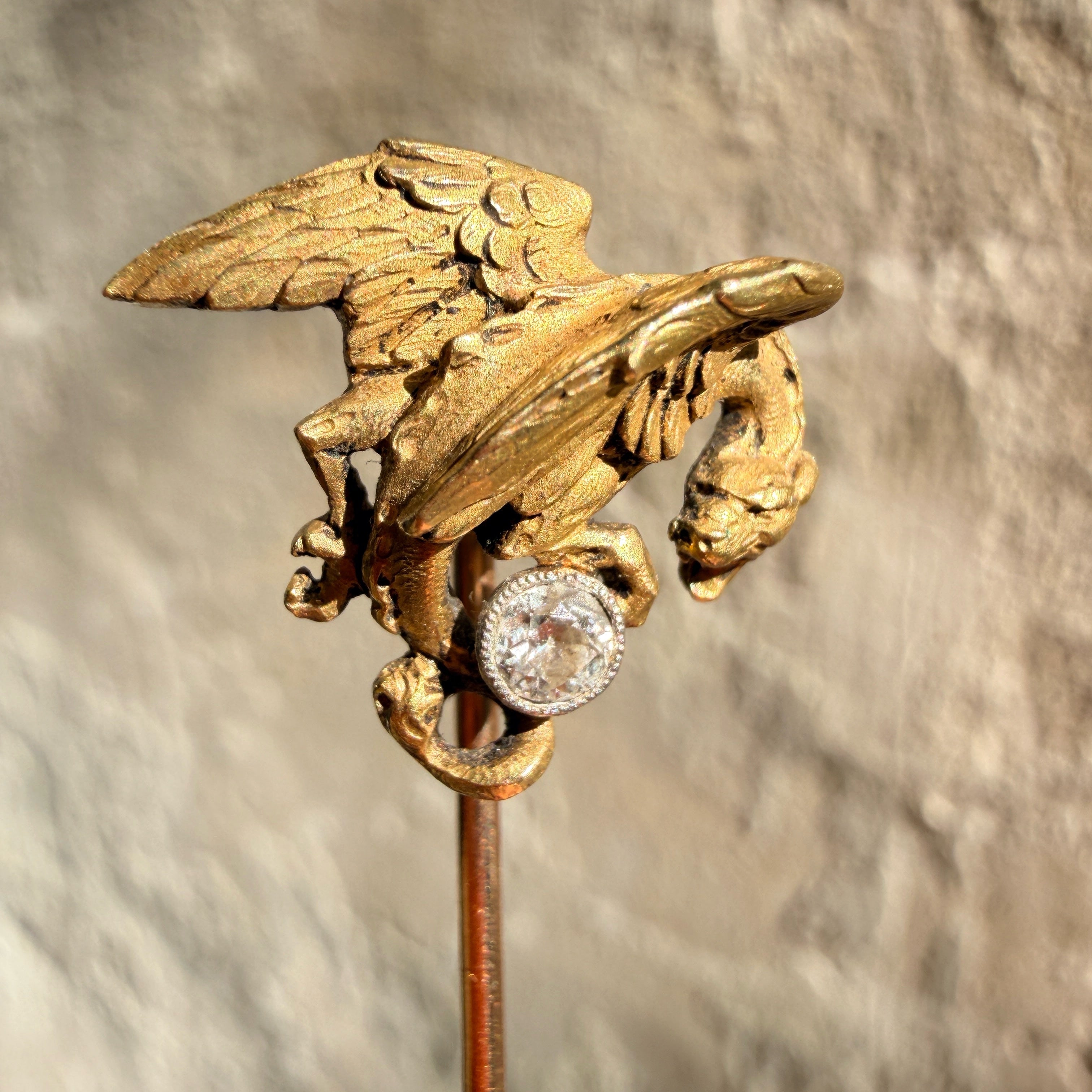 French antique art nouveau 18K Chimera pin with a diamond
