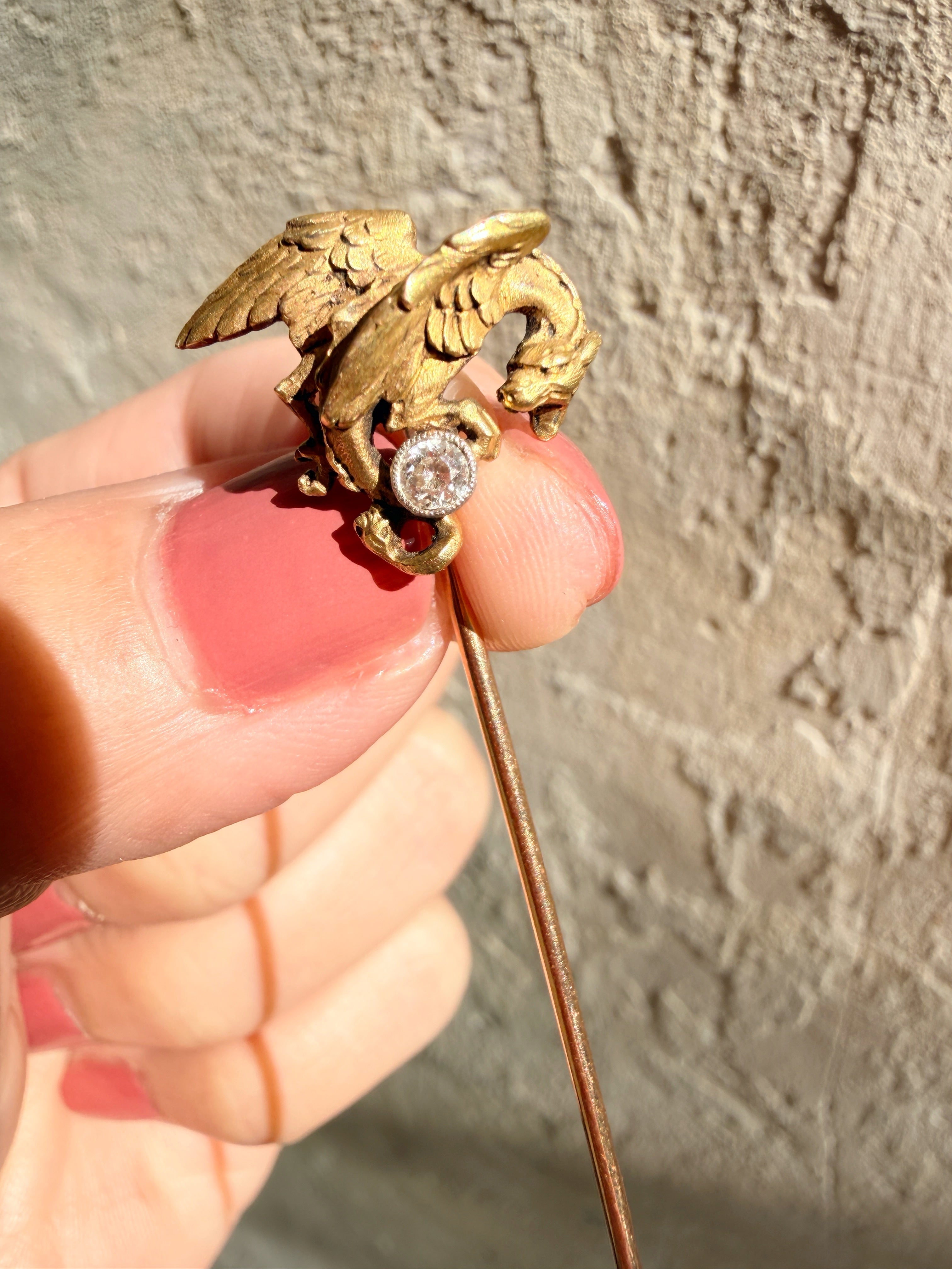 French antique art nouveau 18K Chimera pin with a diamond