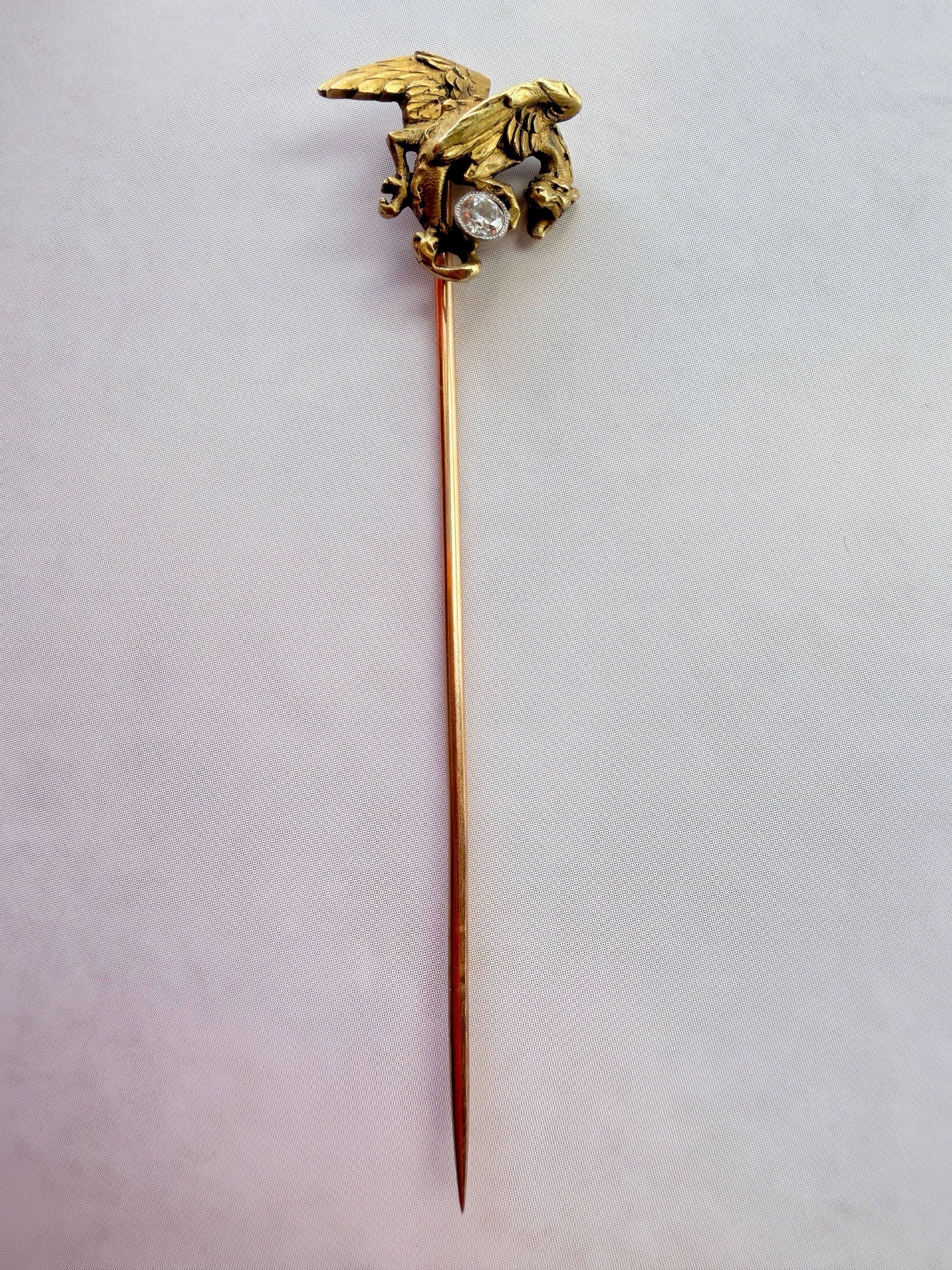 French antique art nouveau 18K Chimera pin with a diamond