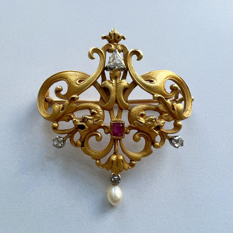 18K gold double chimera Art Nouveau pendant brooch