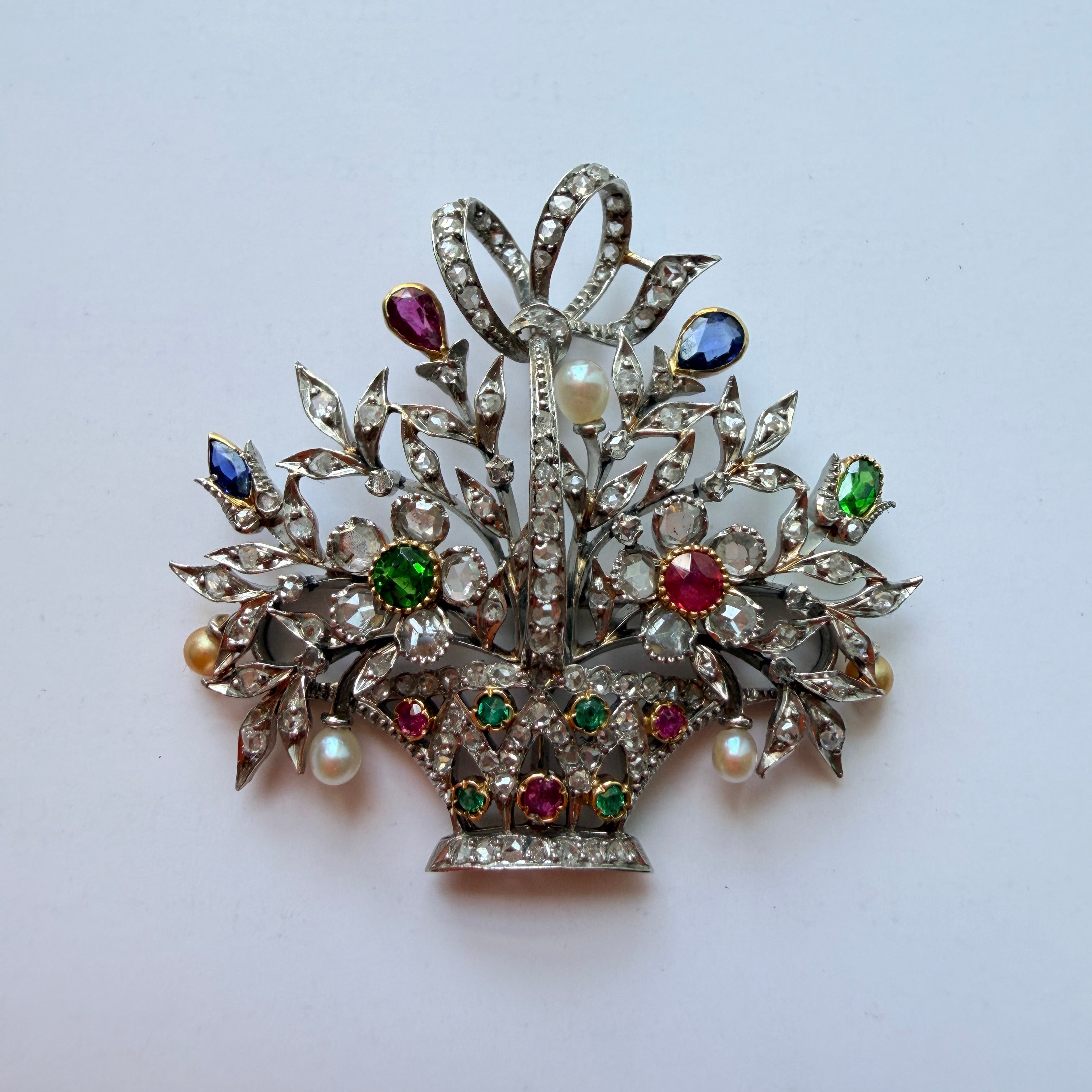 Edwardian 18K gold multi gemstones flower basket pendant