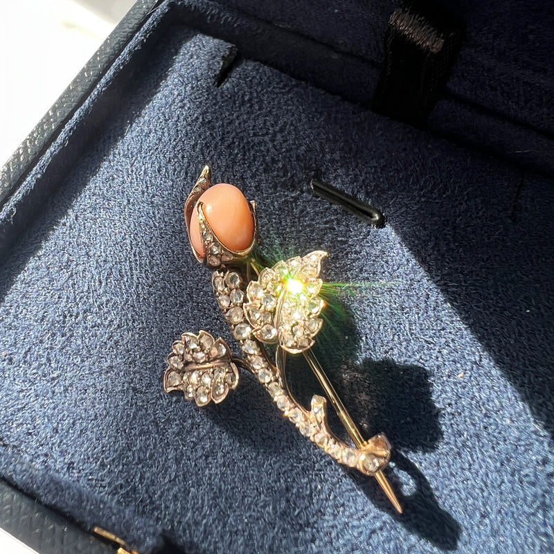 rose cut diamond and pink coral bouquet brooch