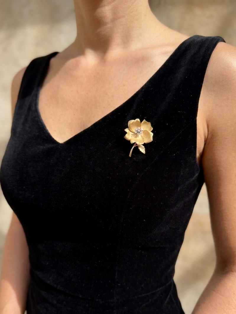 French 18K gold diamond rose flower brooch, by Chevrier Huot Didelot
