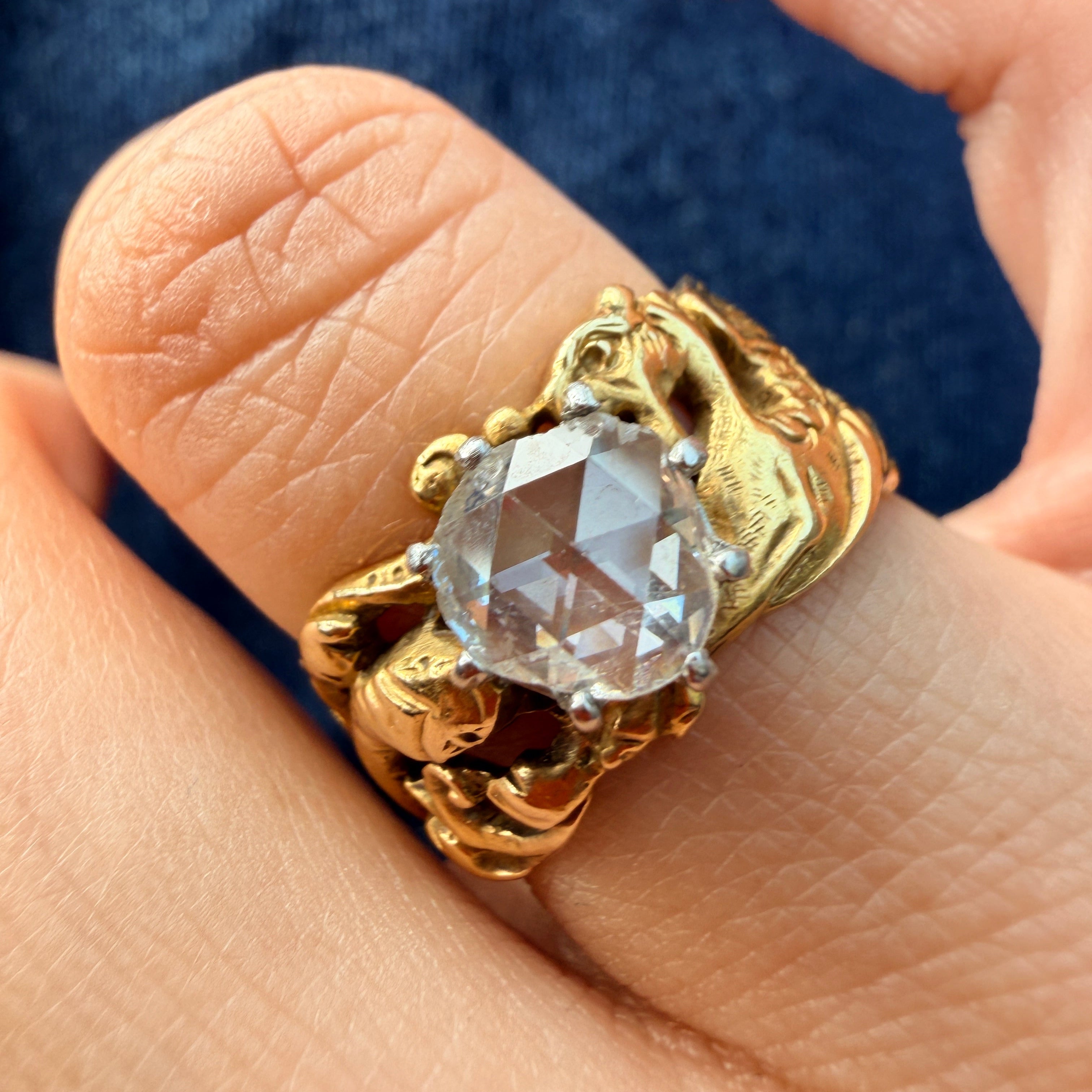 French Art nouveau 18K gold chimera snake diamond ring
