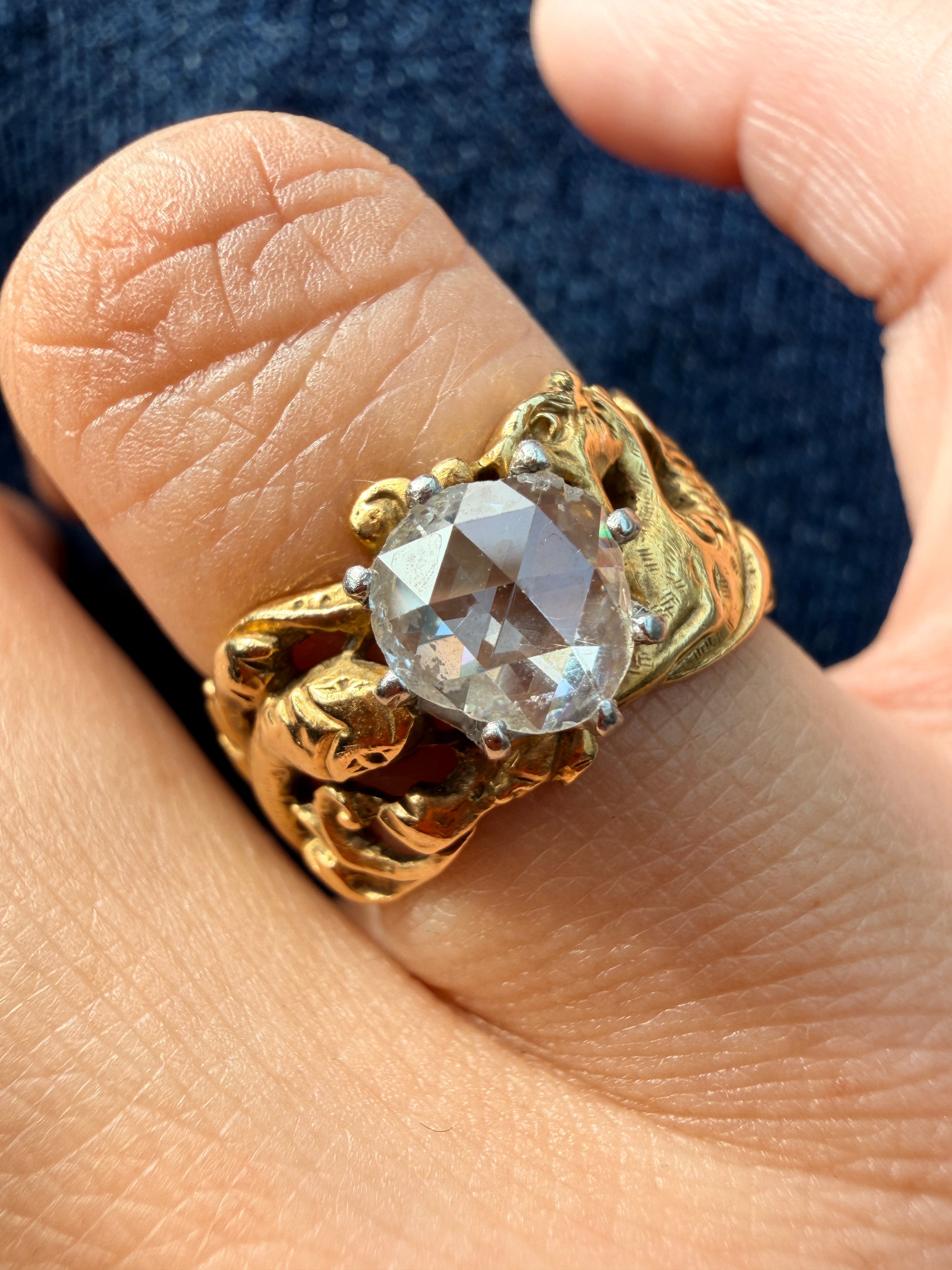 French Art nouveau 18K gold chimera snake 1.2ct diamond ring