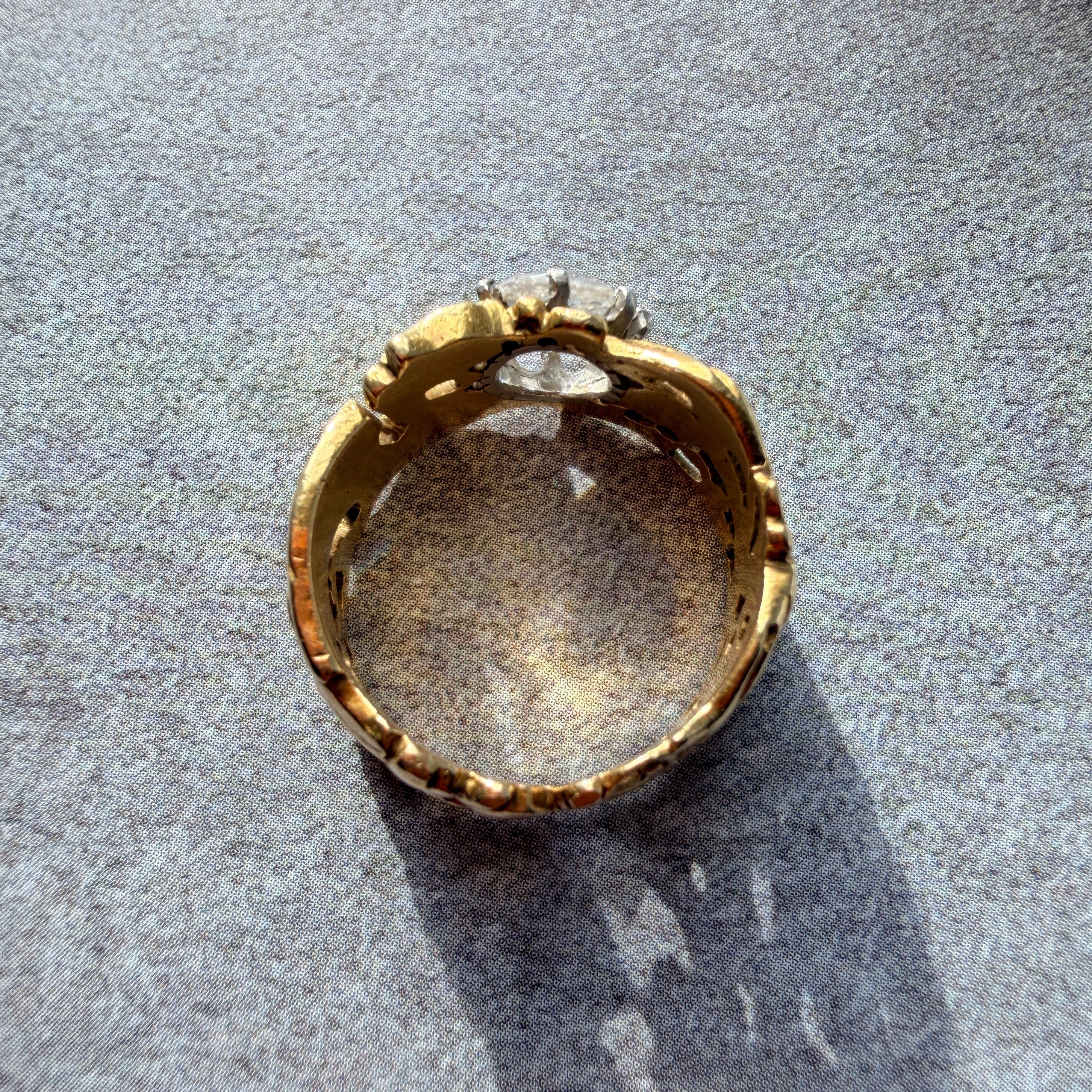 French Art nouveau 18K gold chimera snake diamond ring