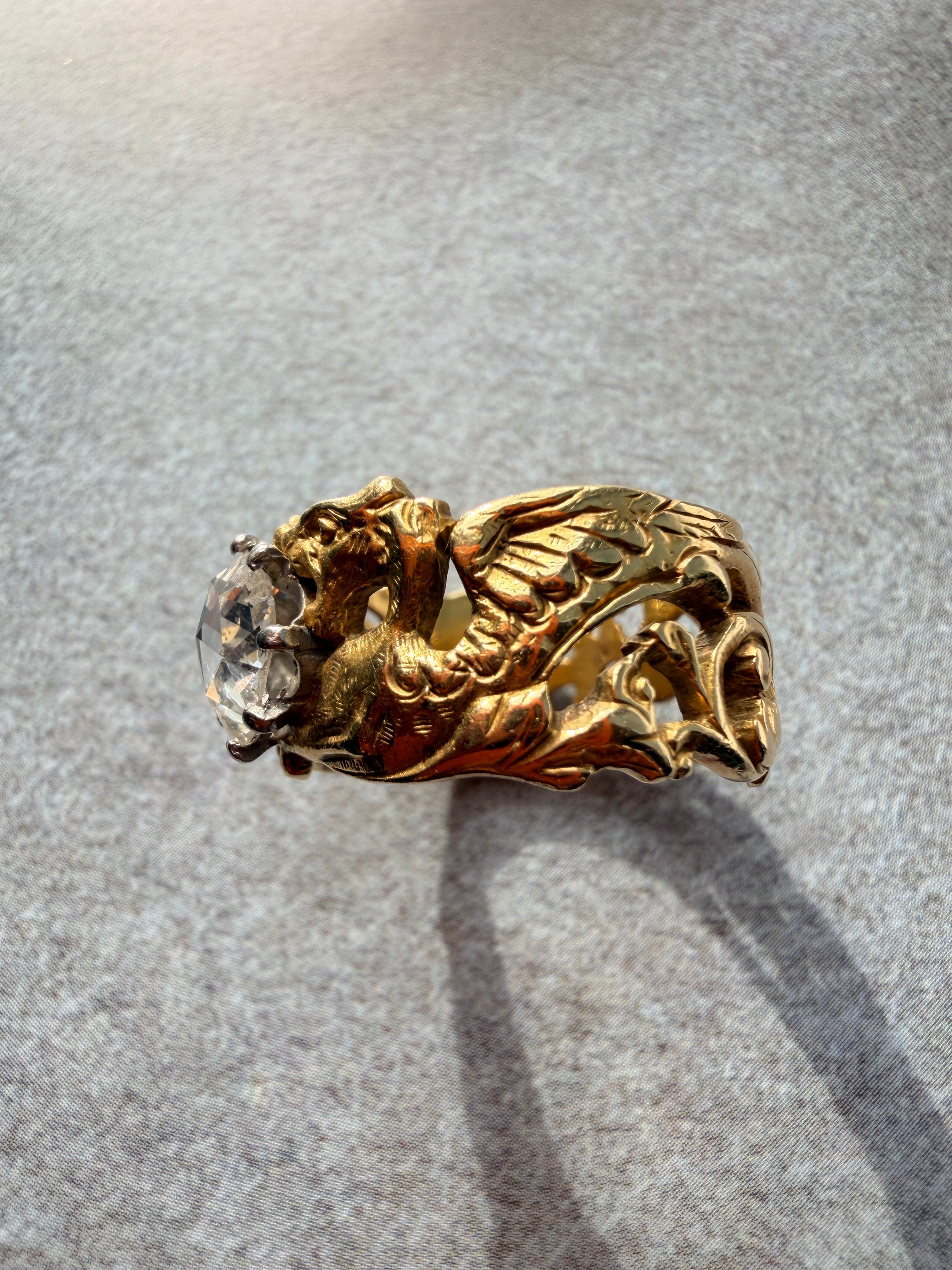 French Art nouveau 18K gold chimera snake diamond ring