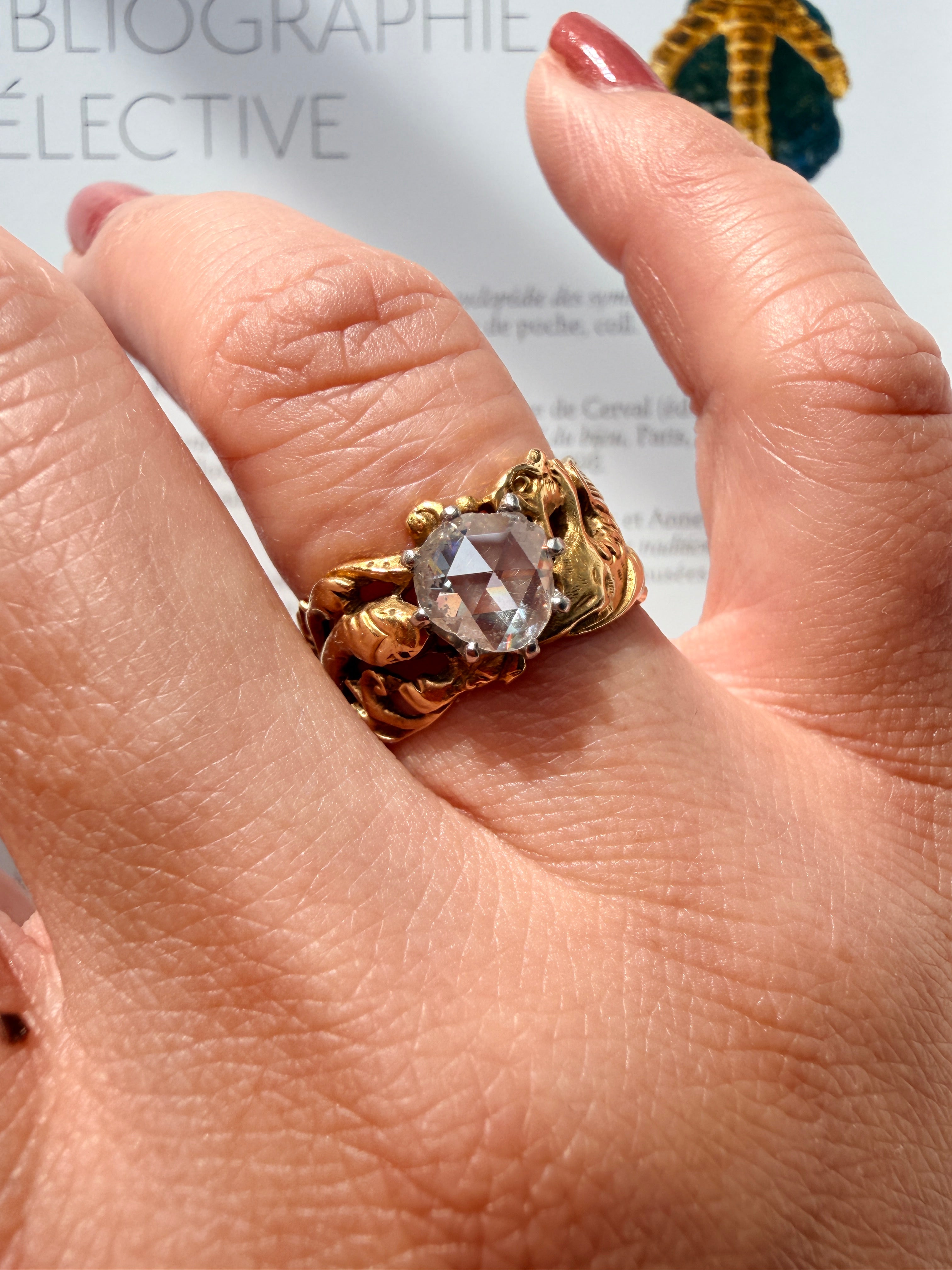French Art nouveau 18K gold chimera snake diamond ring