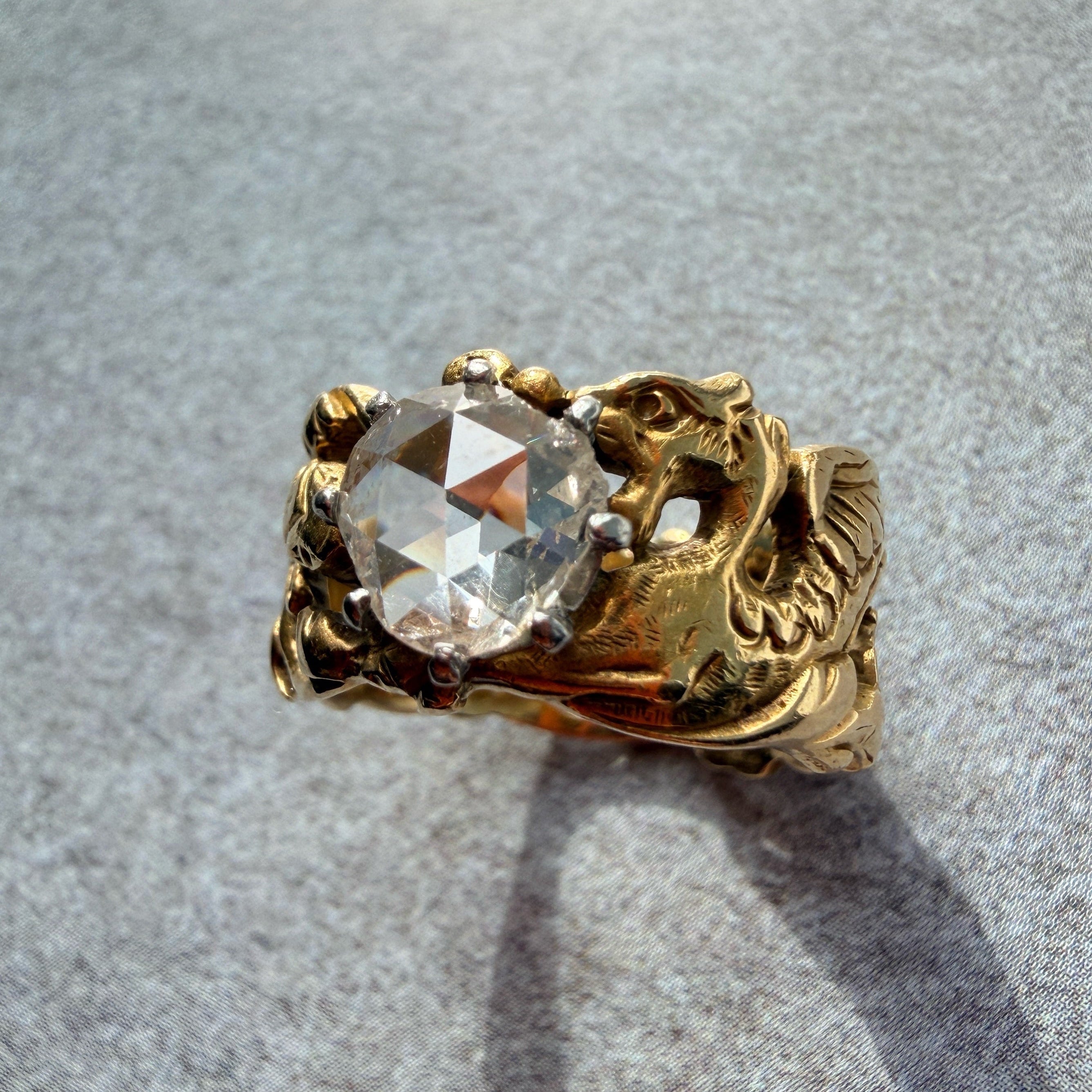 French Art nouveau 18K gold chimera snake diamond ring