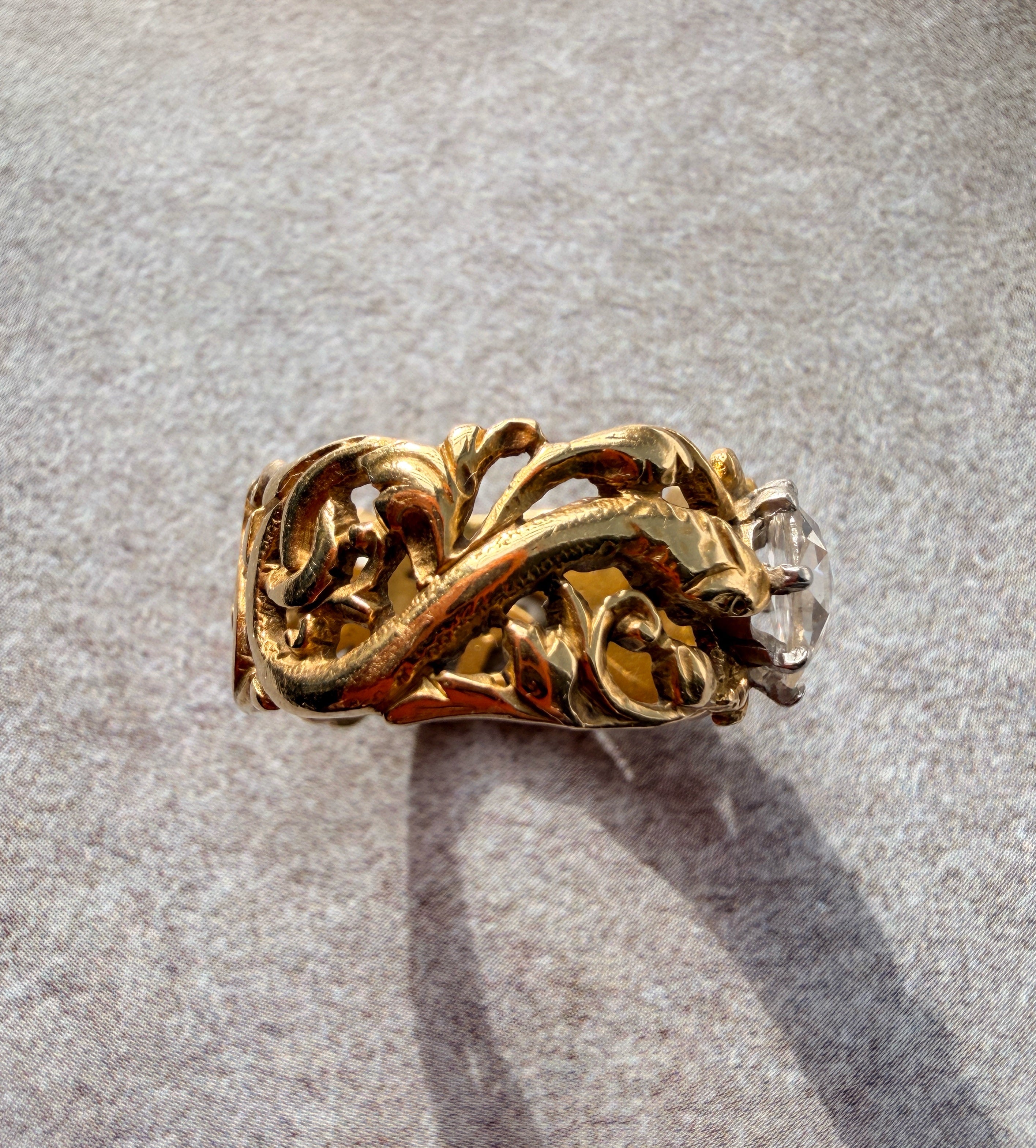 French Art nouveau 18K gold chimera snake diamond ring