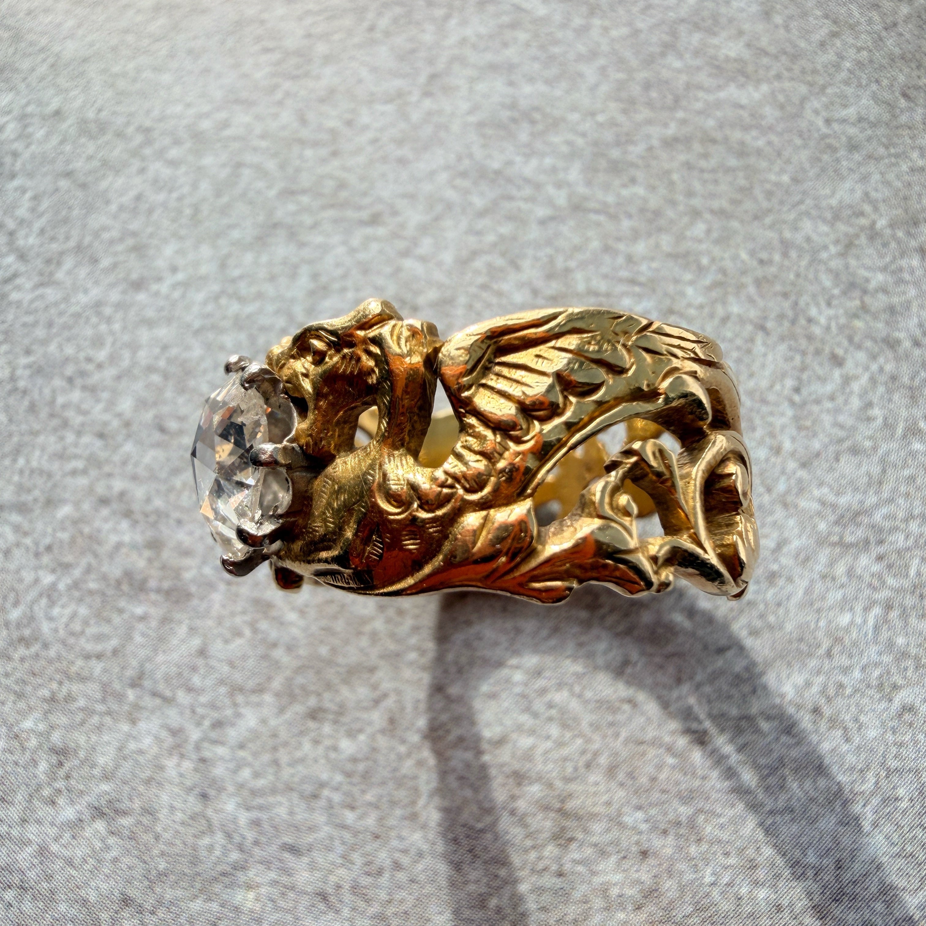 French Art nouveau 18K gold chimera snake diamond ring