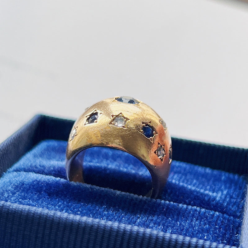 Vintage retro 18K gold blue sapphire diamond bombe star ring