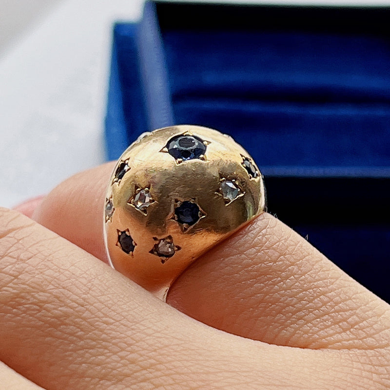 Vintage retro 18K gold blue sapphire diamond bombe star ring