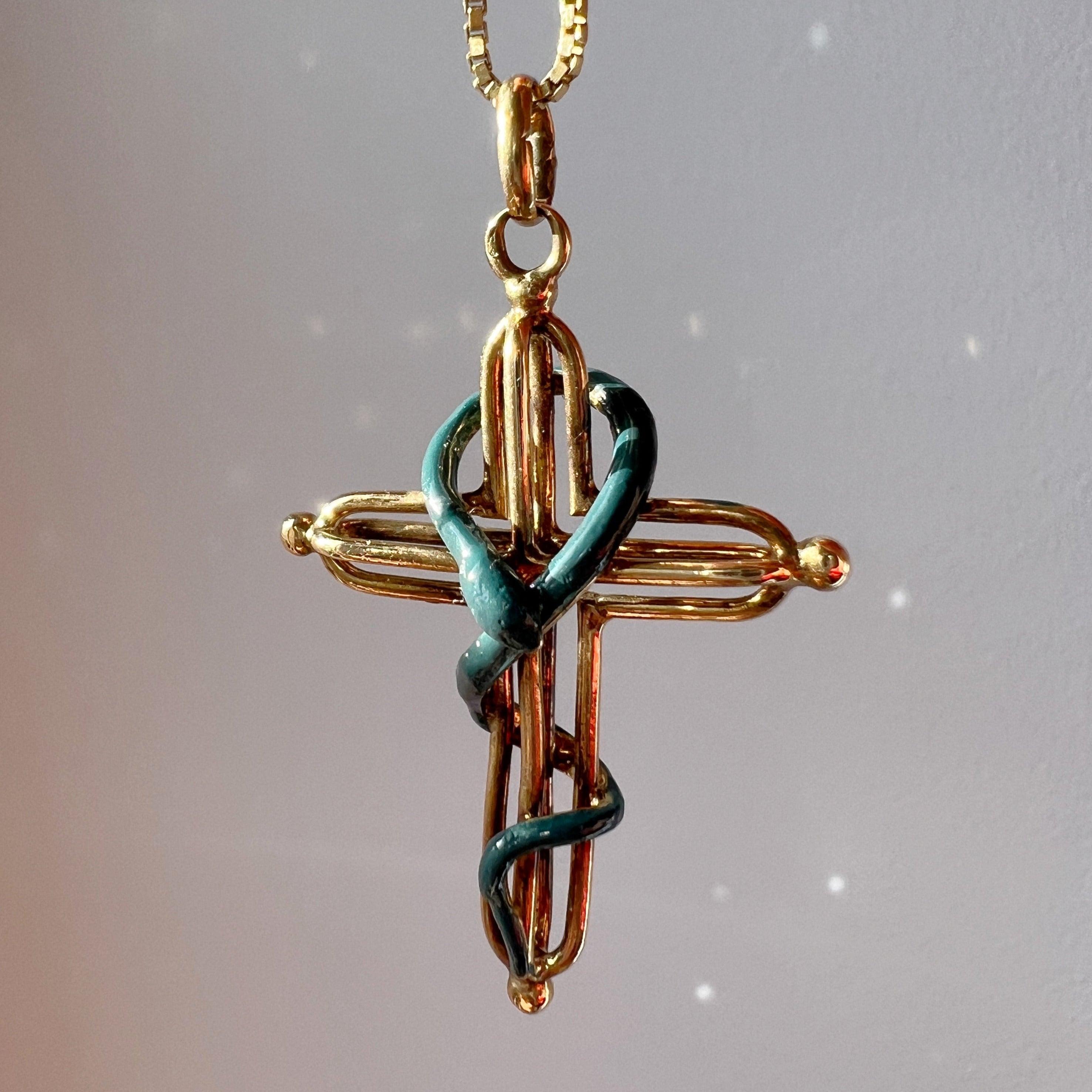 Victorian era 18K gold snake over a cross pendant - Curiously timeless