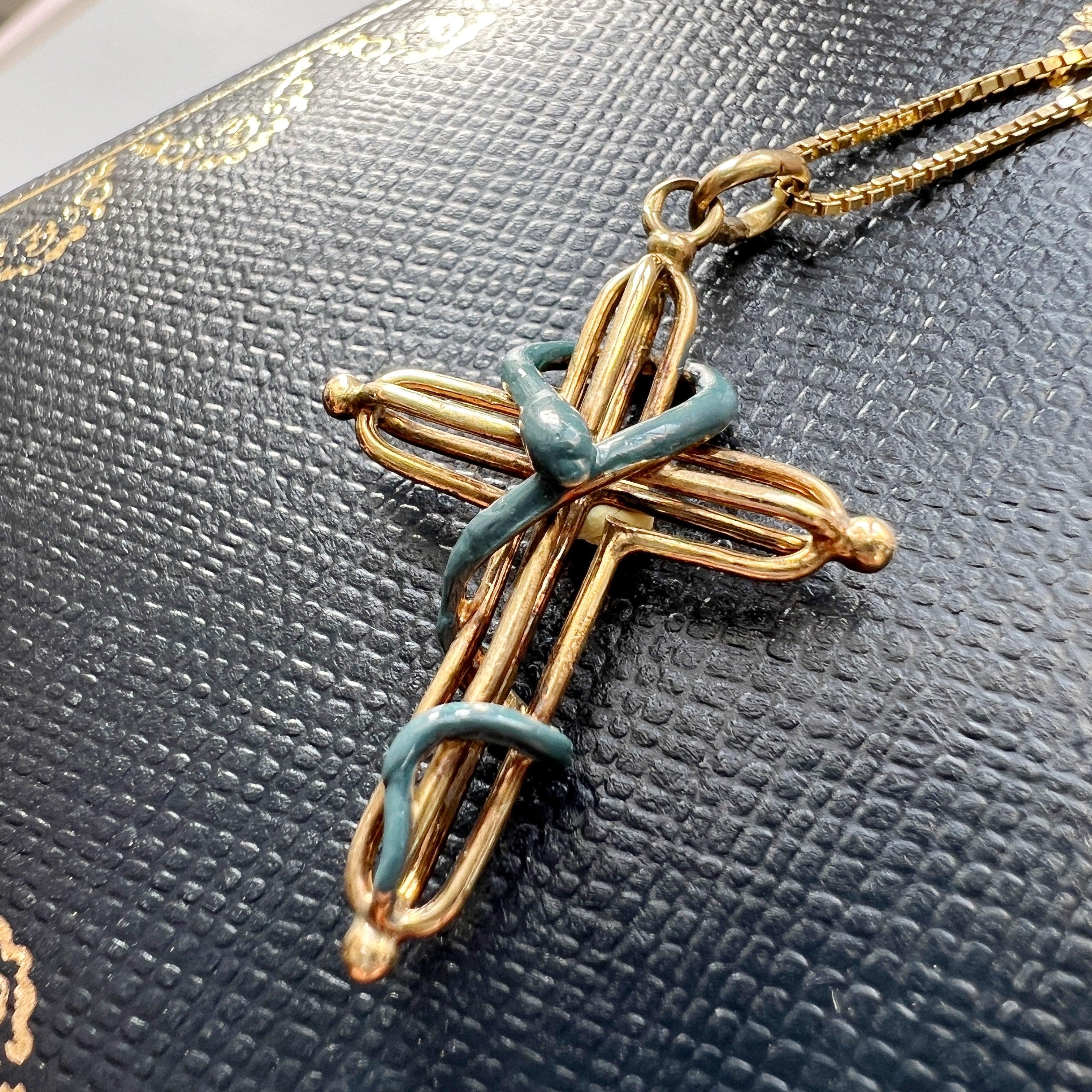 Victorian era 18K gold snake over a cross pendant - Curiously timeless